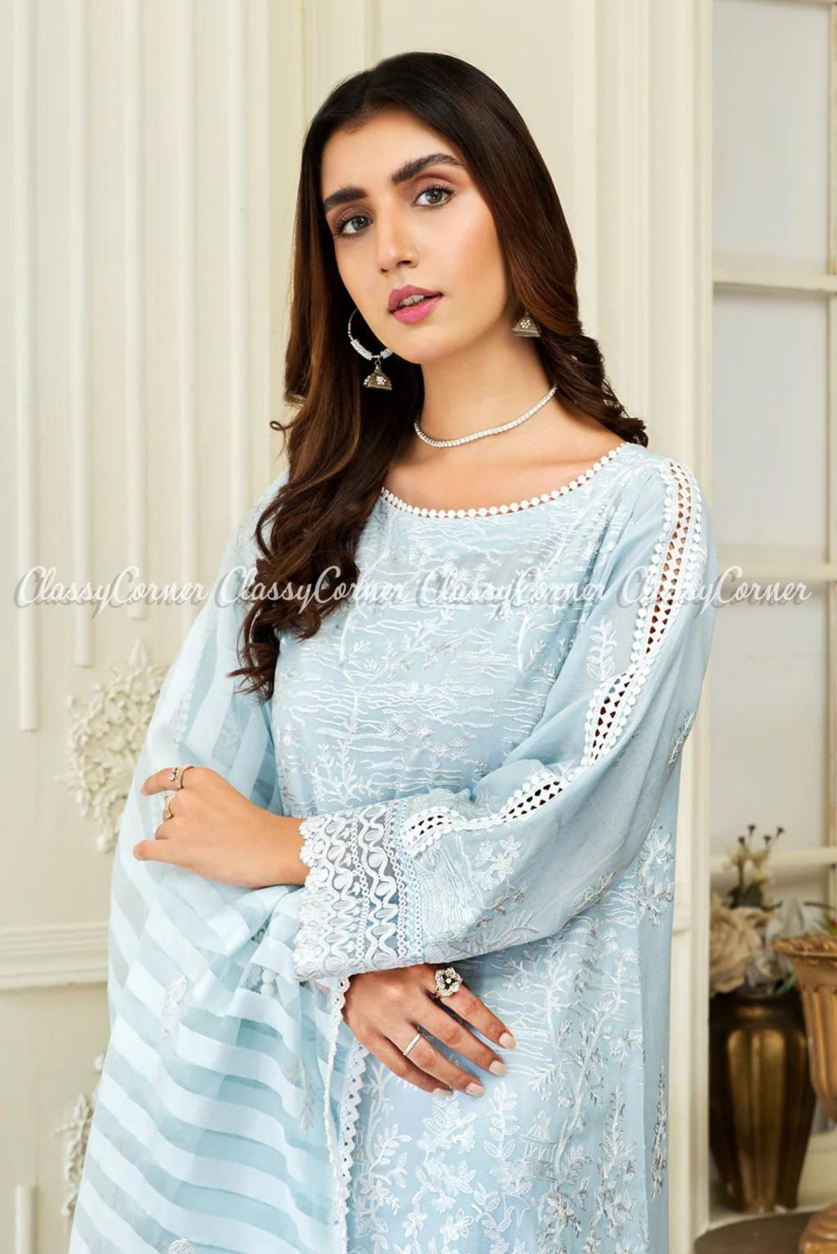 Sky Blue White Lawn Embroidered Pakistani Salwar Kameez