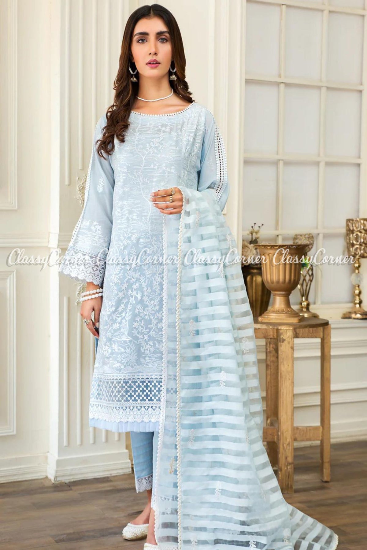 Sky Blue White Lawn Embroidered Pakistani Salwar Kameez