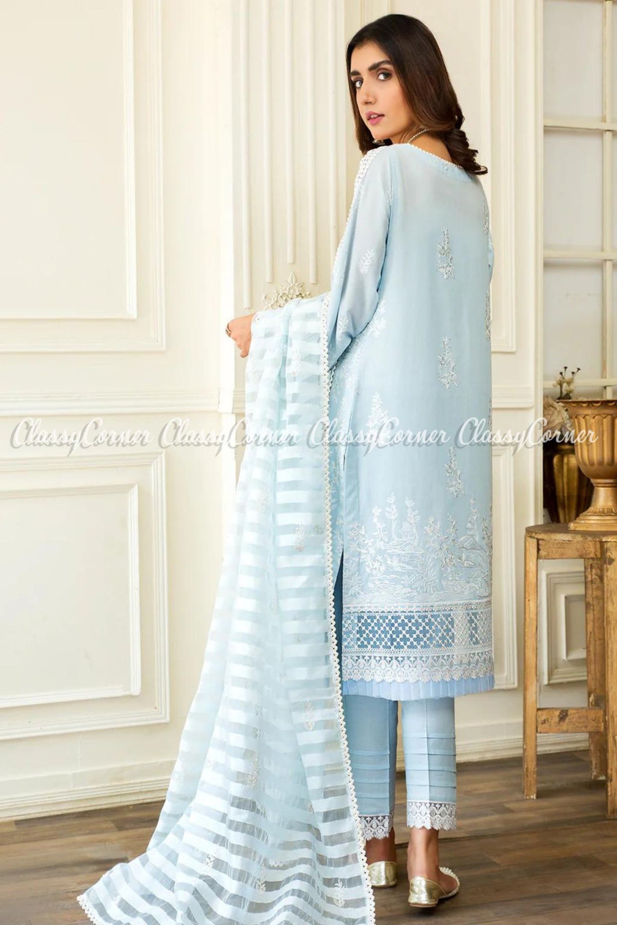 Sky Blue White Lawn Embroidered Pakistani Salwar Kameez