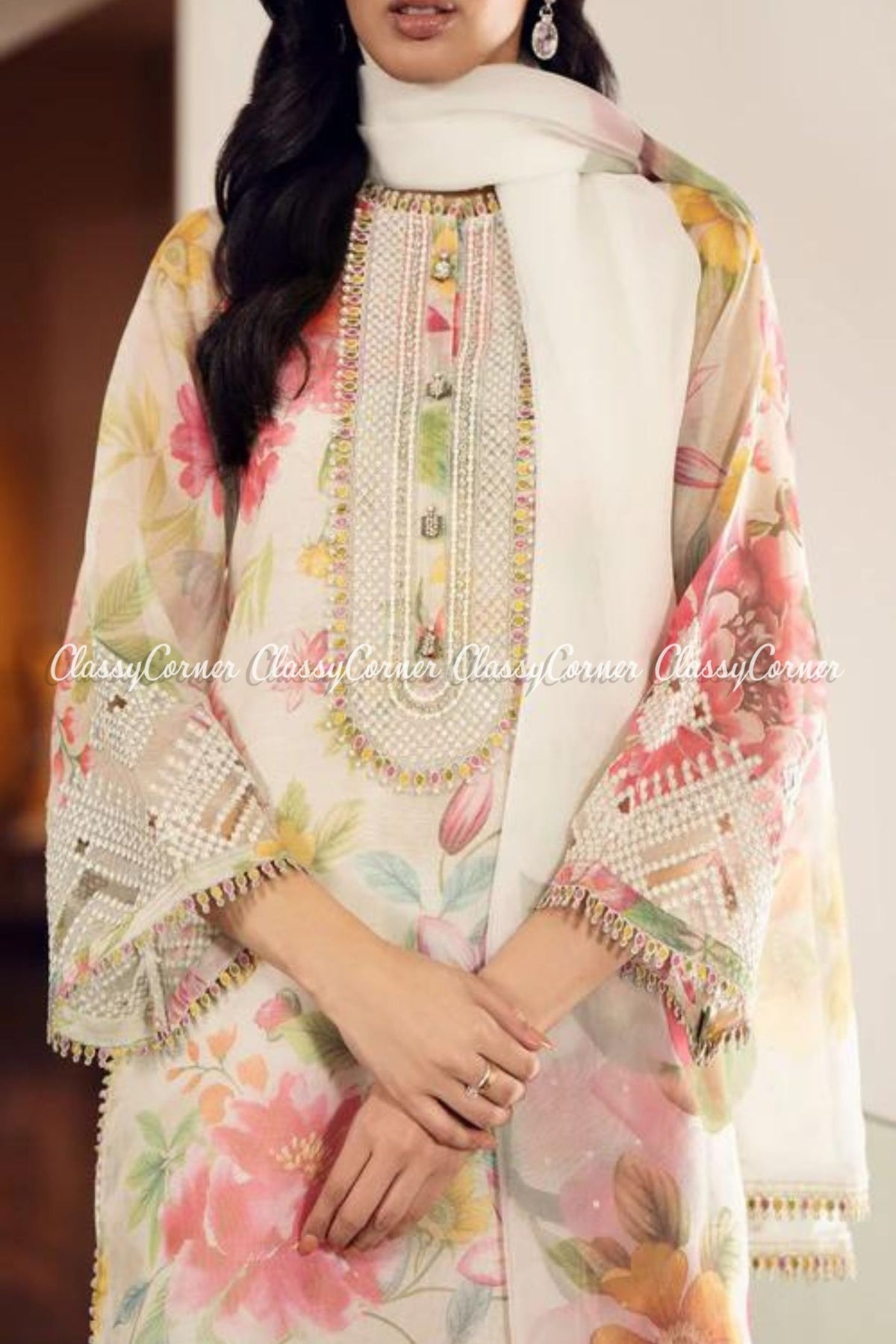 White Digital Printed Pakistani Suit