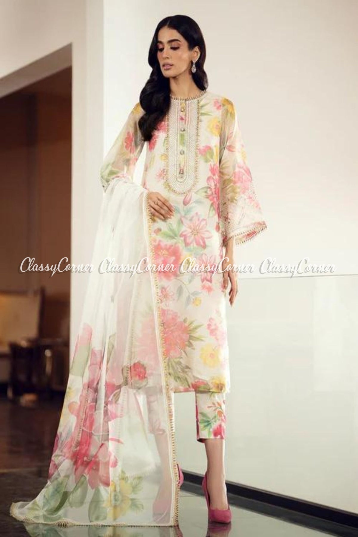 White Digital Printed Pakistani Suit