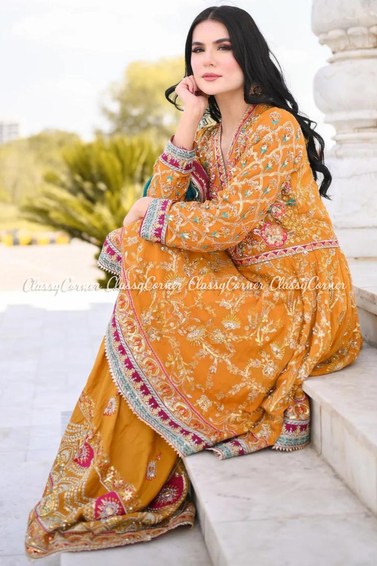 Yellow Chiffon Mehndi Wear Gharara