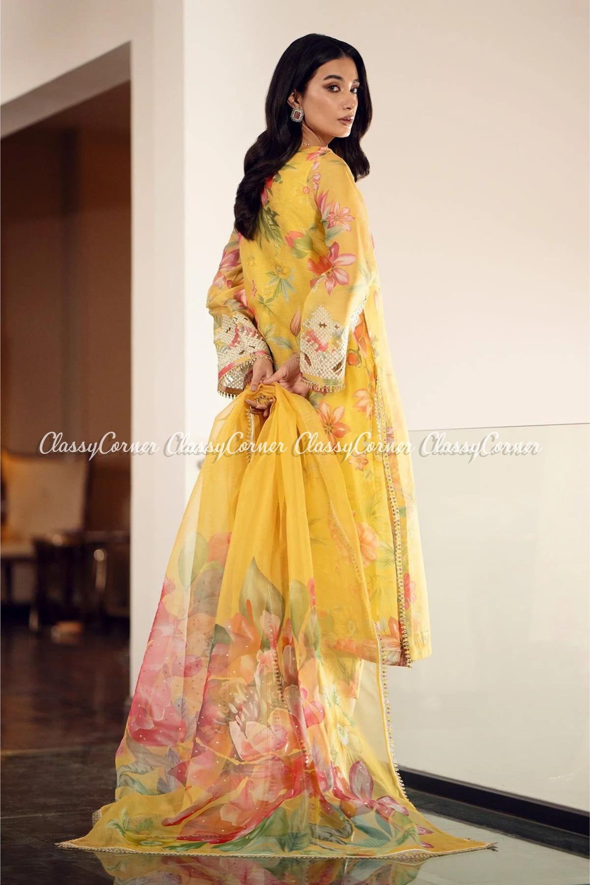 Yellow Floral Pakistani Formal Wear Suit