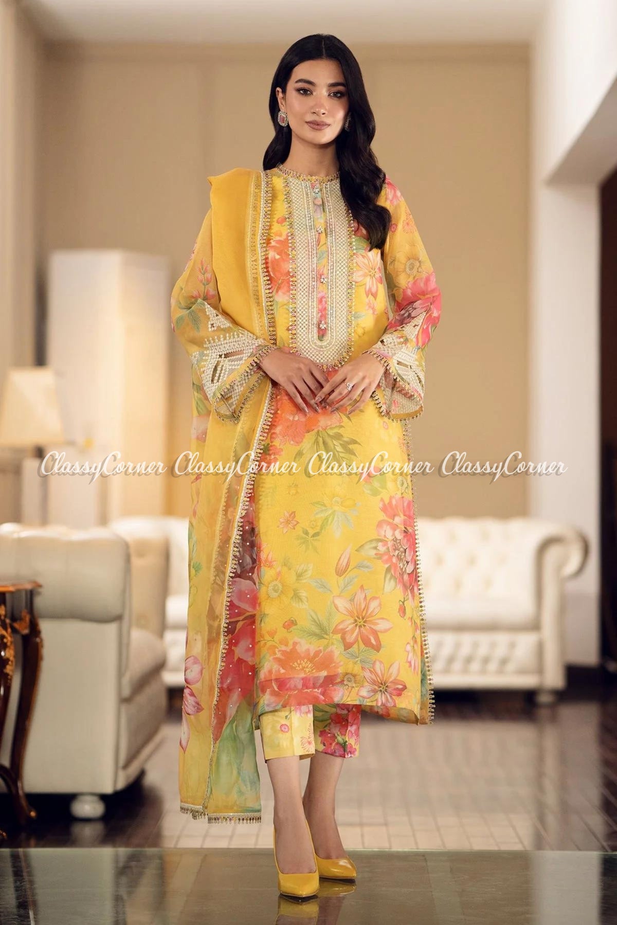 Yellow Floral Pakistani Formal Wear Suit