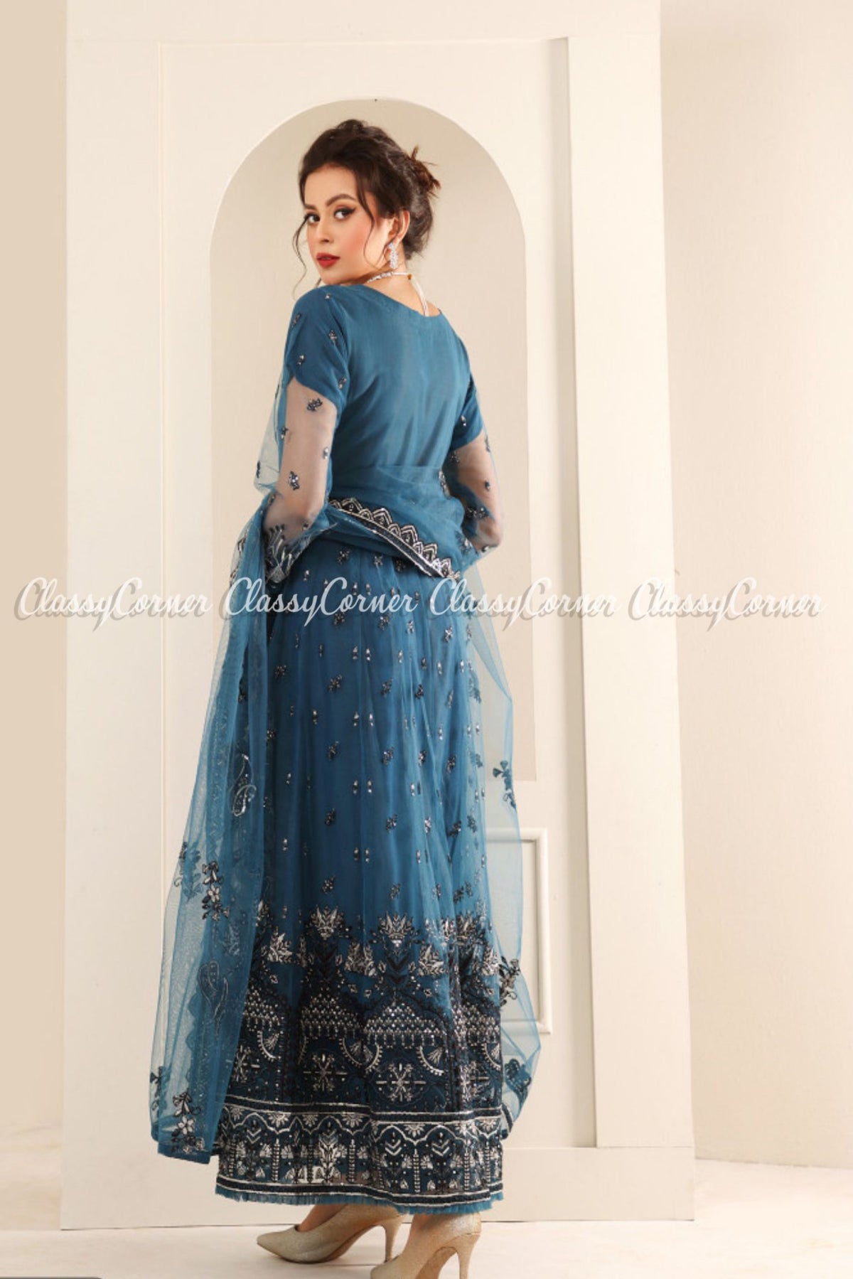 Zinc Hot Pink Net Embroidered Pakistani Maxi Dress