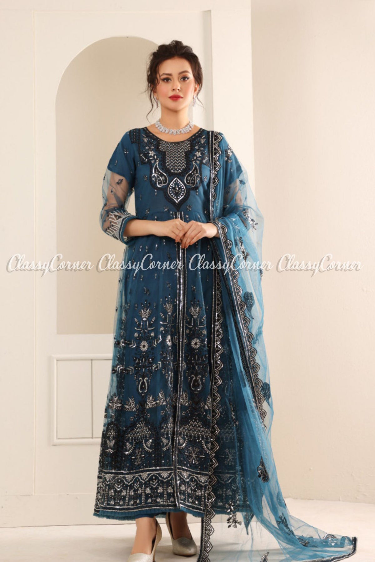 Zinc Hot Pink Net Embroidered Pakistani Maxi Dress