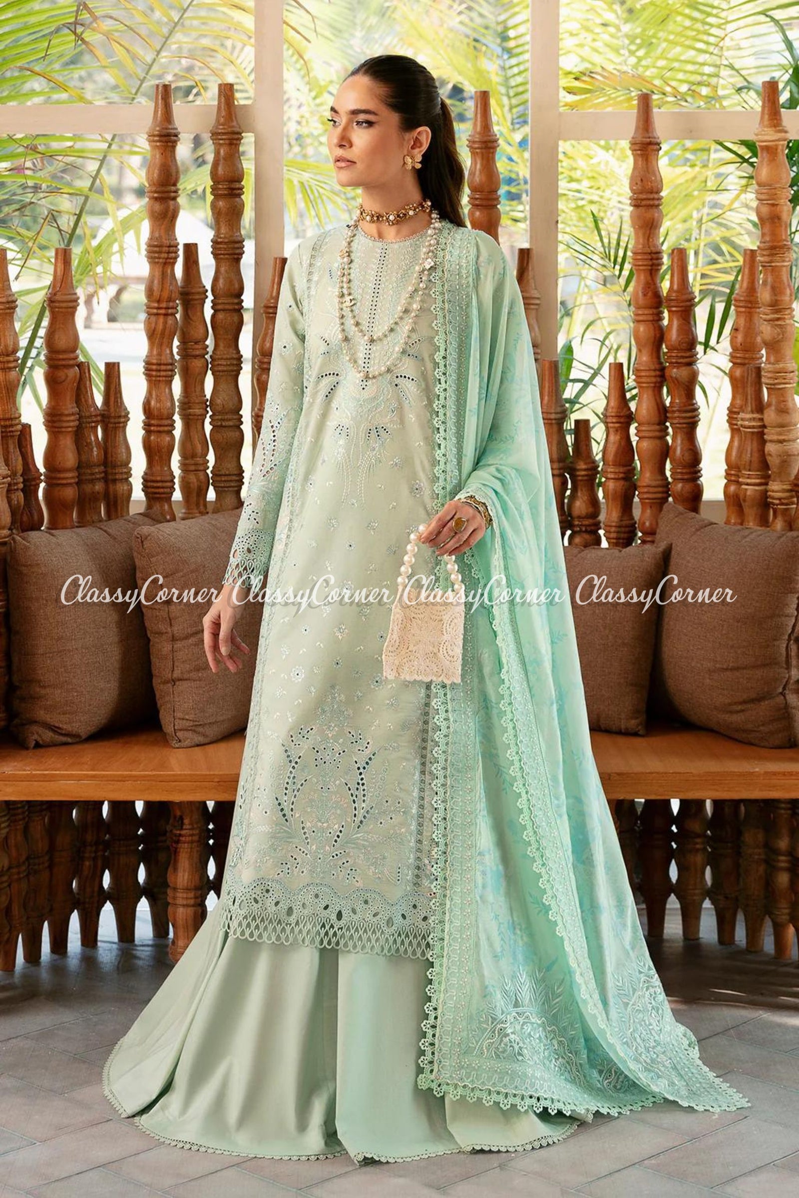 Georgette Fabric Function Wear Fancy Embroidered Sharara Dress In Sea | Off  white designer, White sharara, Partywear