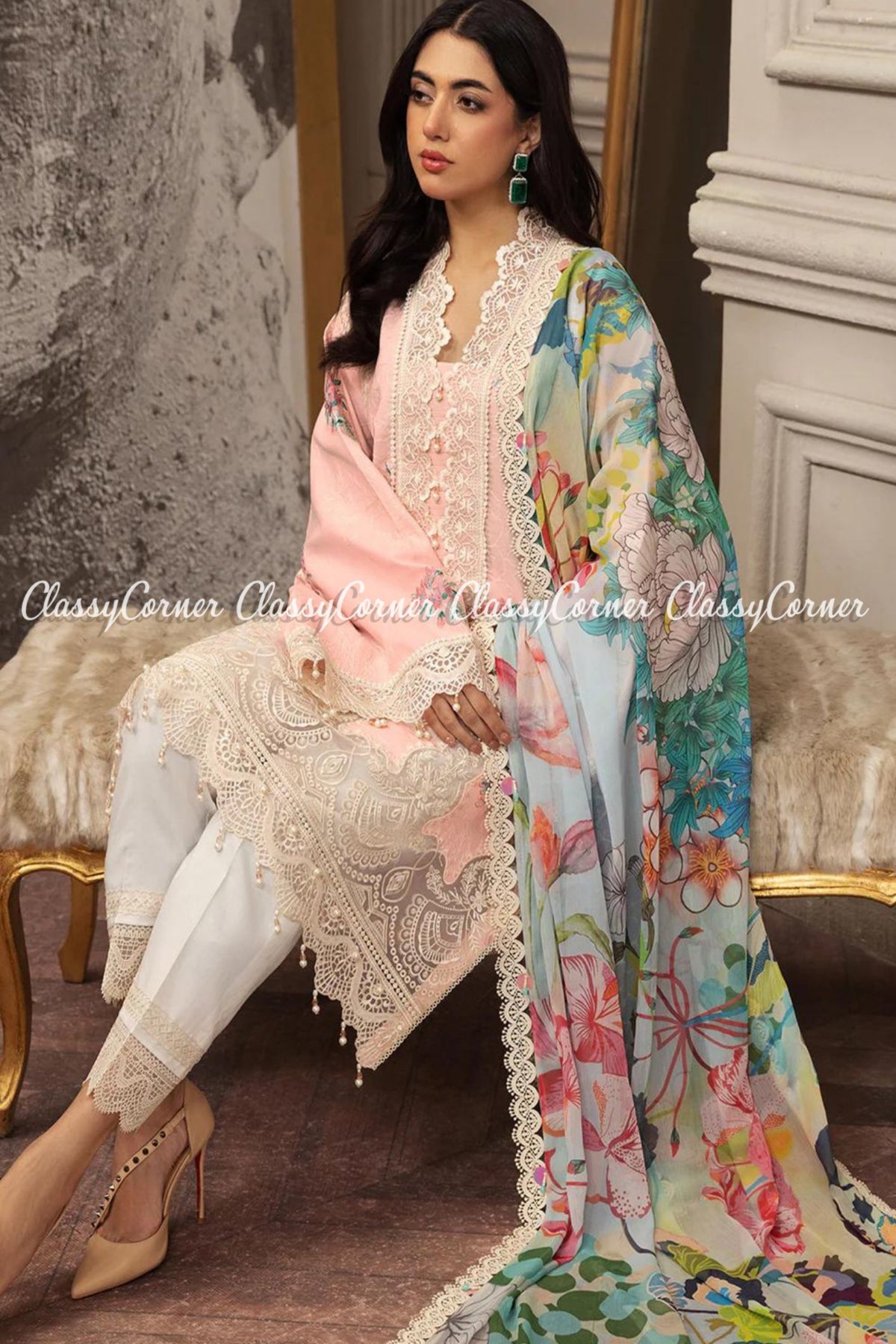 Light Pink White Lawn Embroidered Pakistani Salwar Kameez