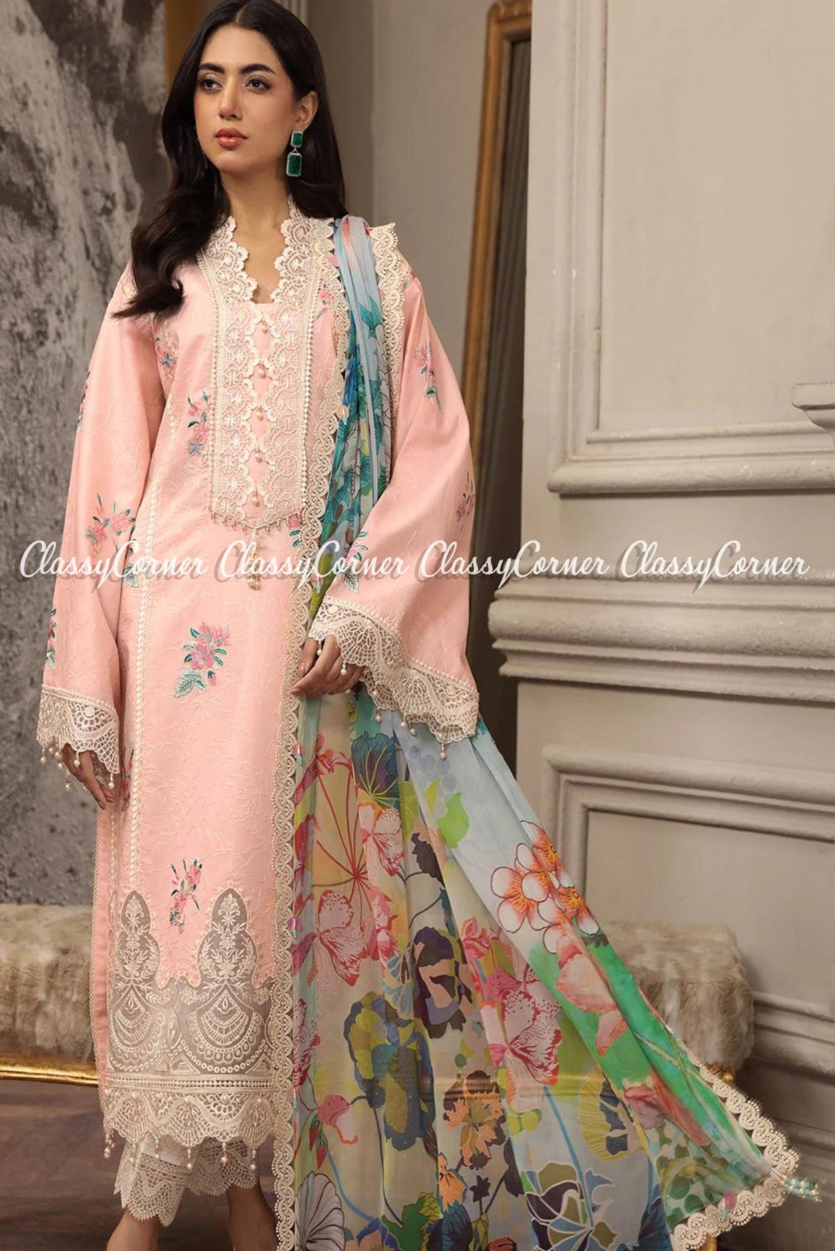 Light Pink White Lawn Embroidered Pakistani Salwar Kameez