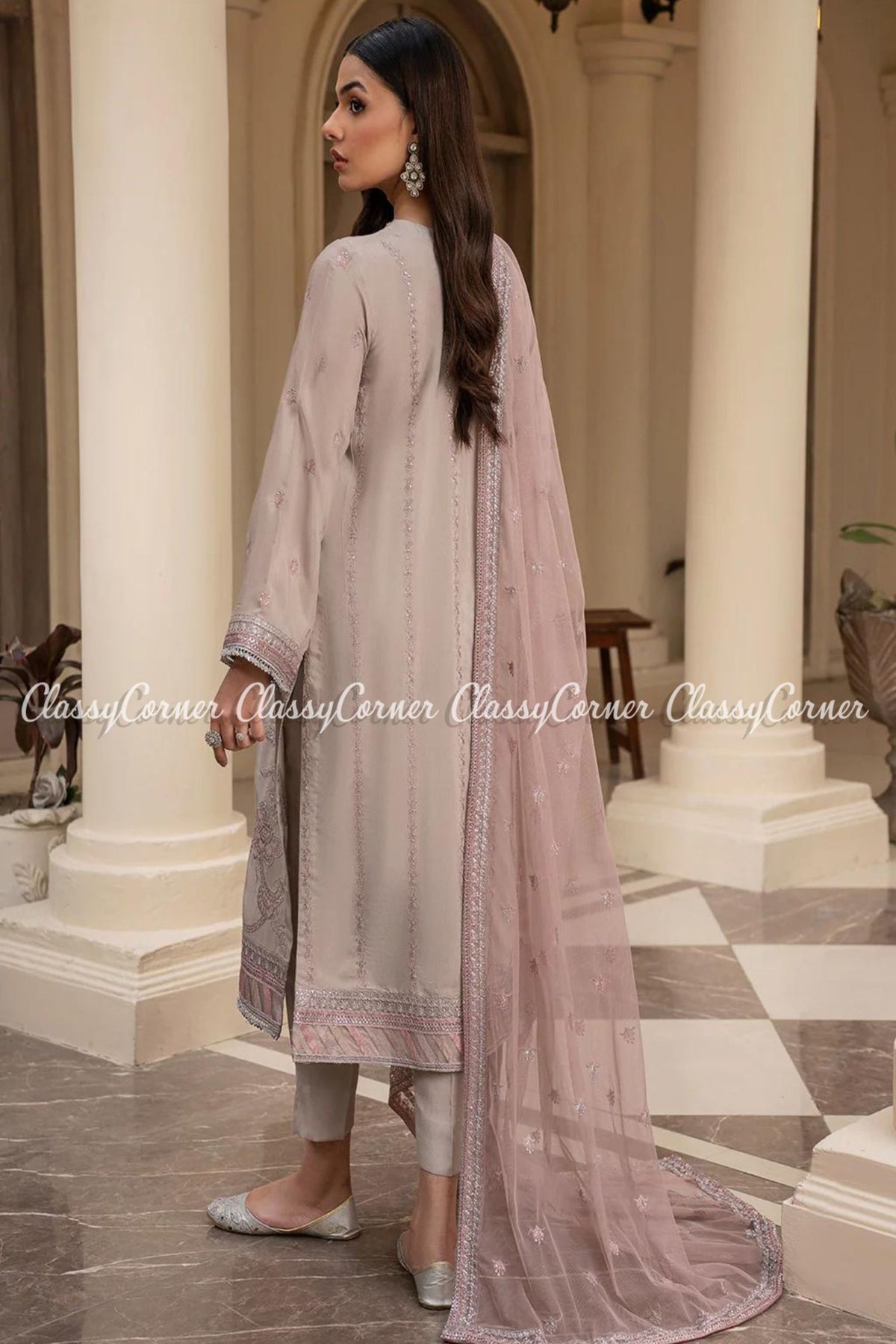 Beige Silk Pakistani Readymade Wedding Wear Outfit