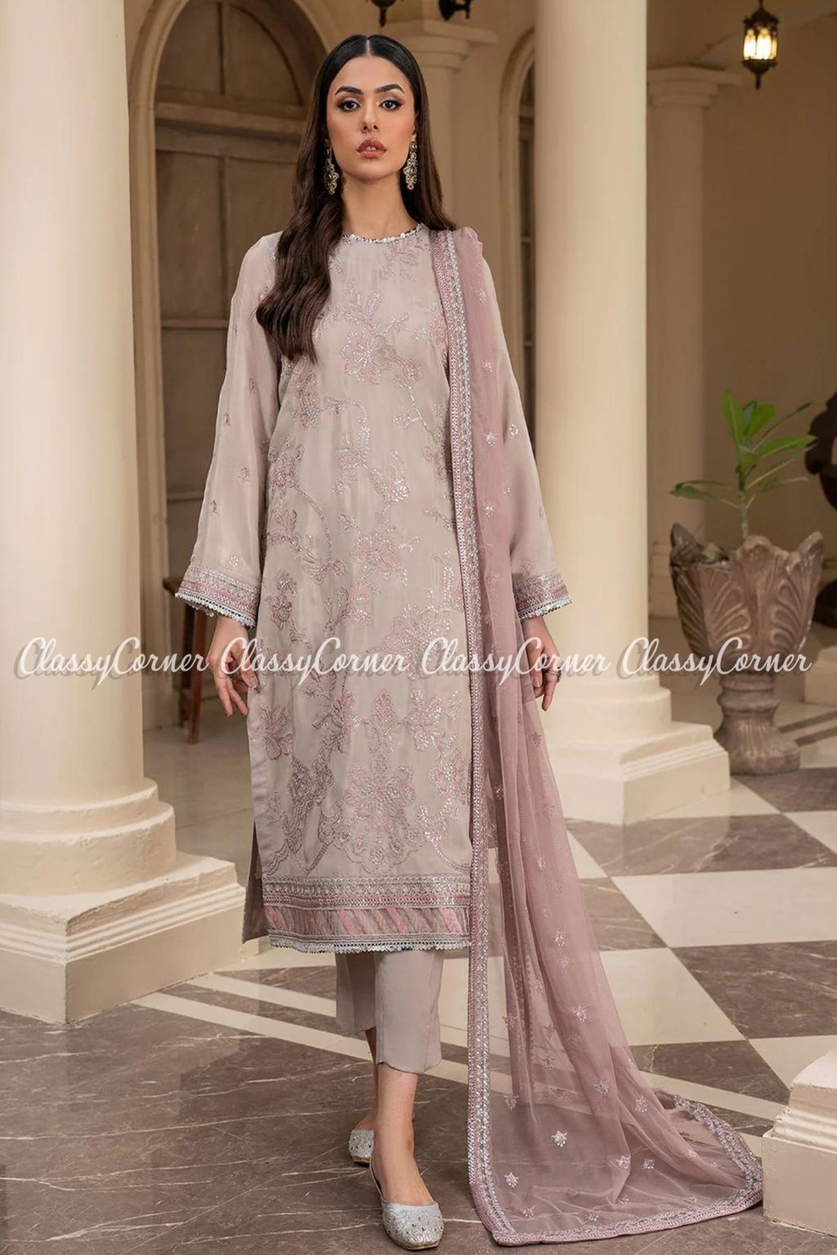 Beige Silk Pakistani Readymade Wedding Wear Outfit