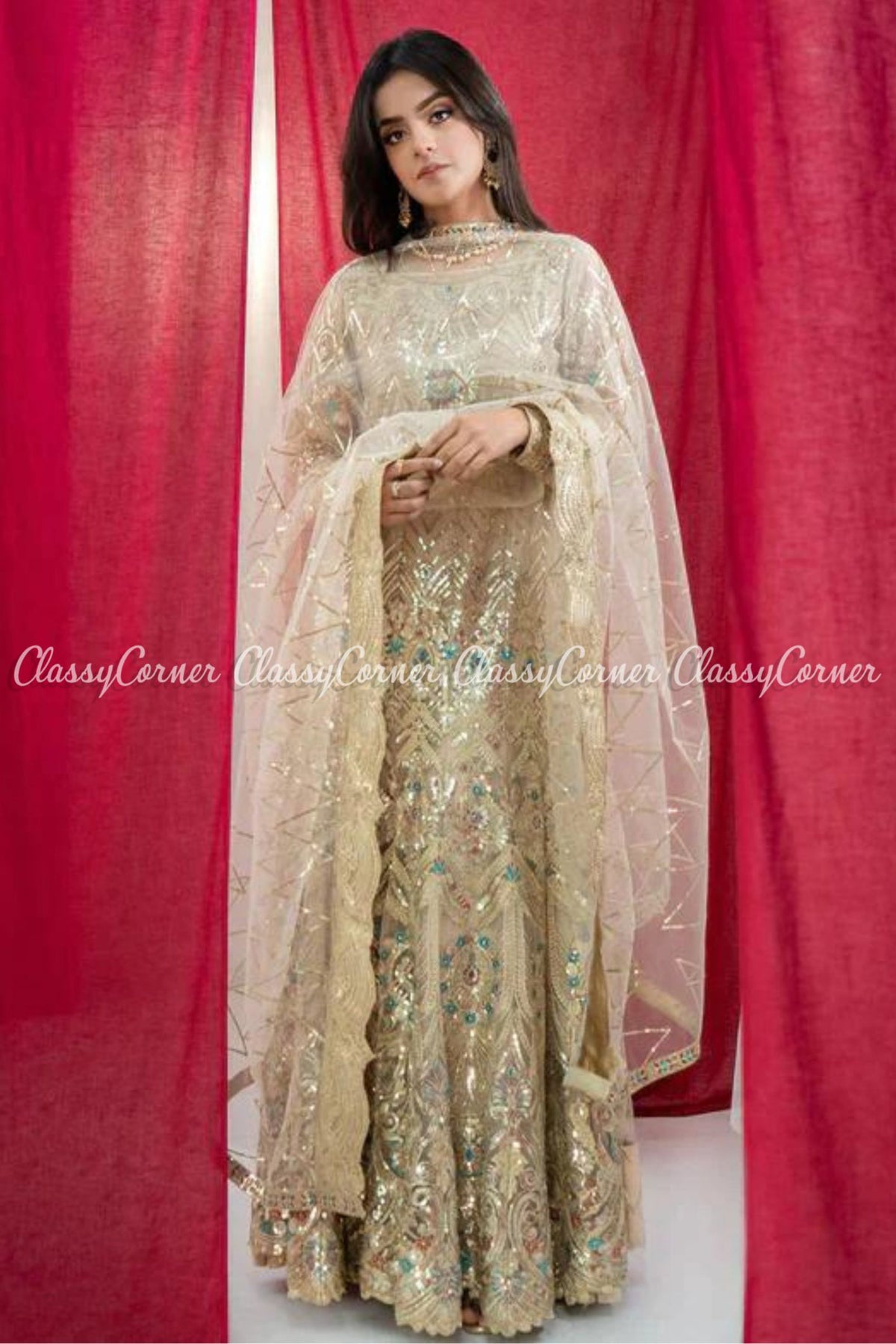 Beige Net Embroidered Party Wear Gown