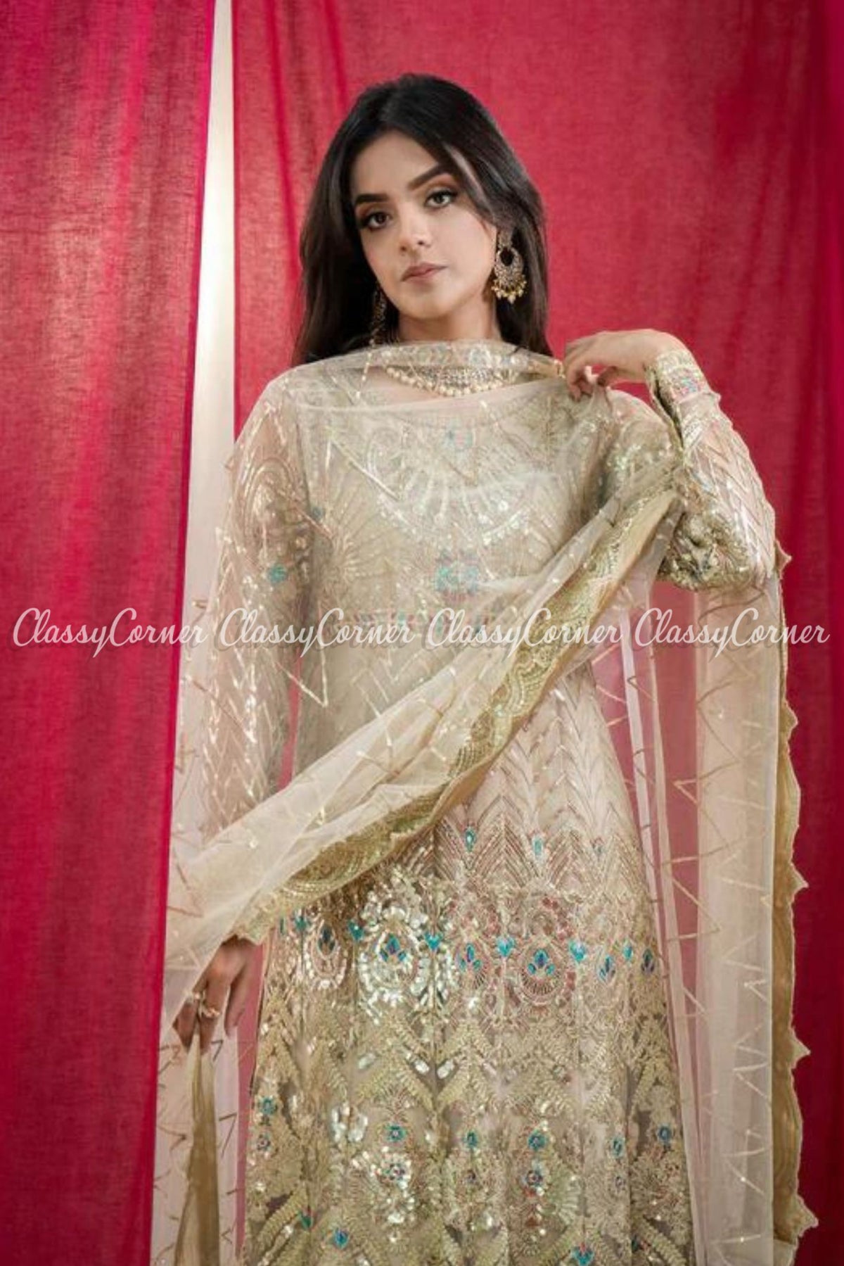Beige Net Embroidered Party Wear Gown