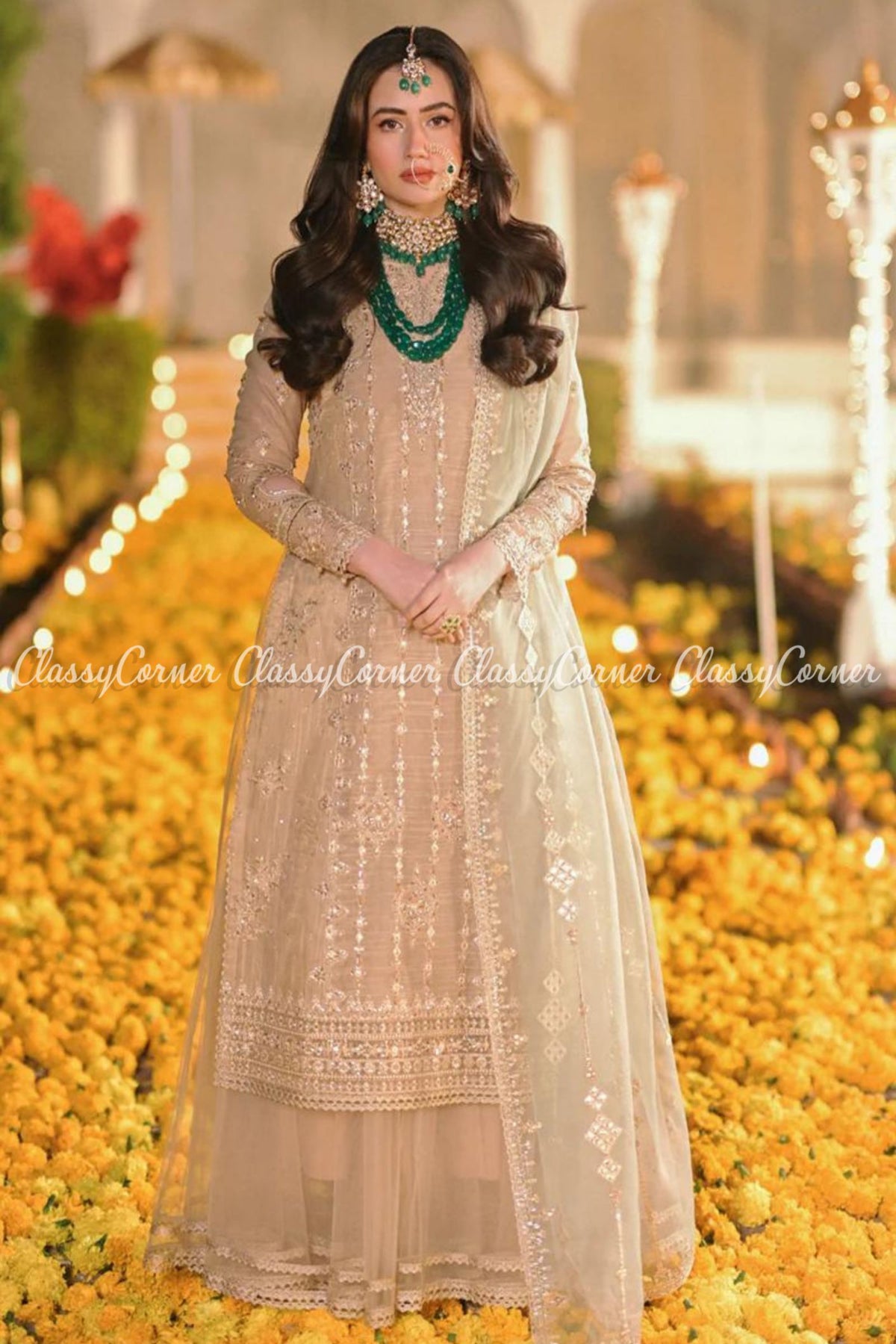 Beige Sage Green Embroidered Party Wear Lehenga Dress