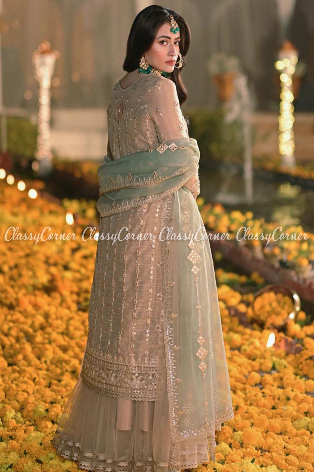 Beige Sage Green Embroidered Party Wear Lehenga Dress