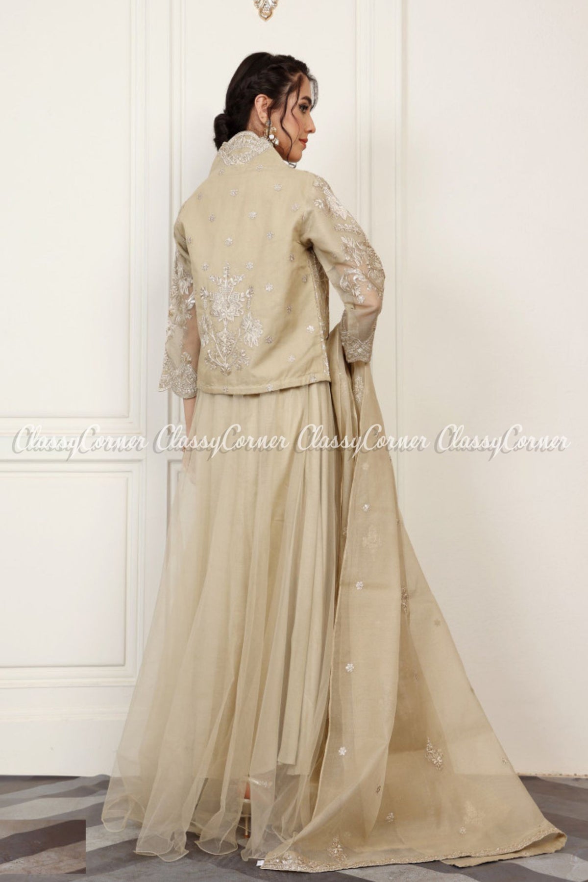 Readymade Beige Net Embroidered Waistcoat Styled Maxi Dress