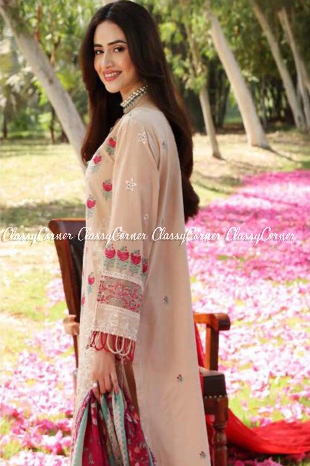 Beige Multi Color Lawn Embroidered Chikankari Outfit