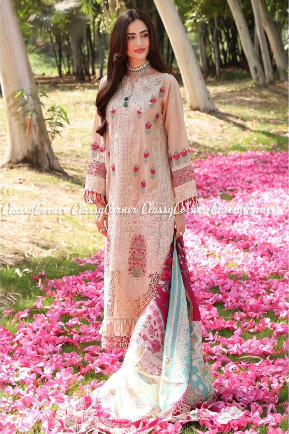 Beige Multi Color Lawn Embroidered Chikankari Outfit