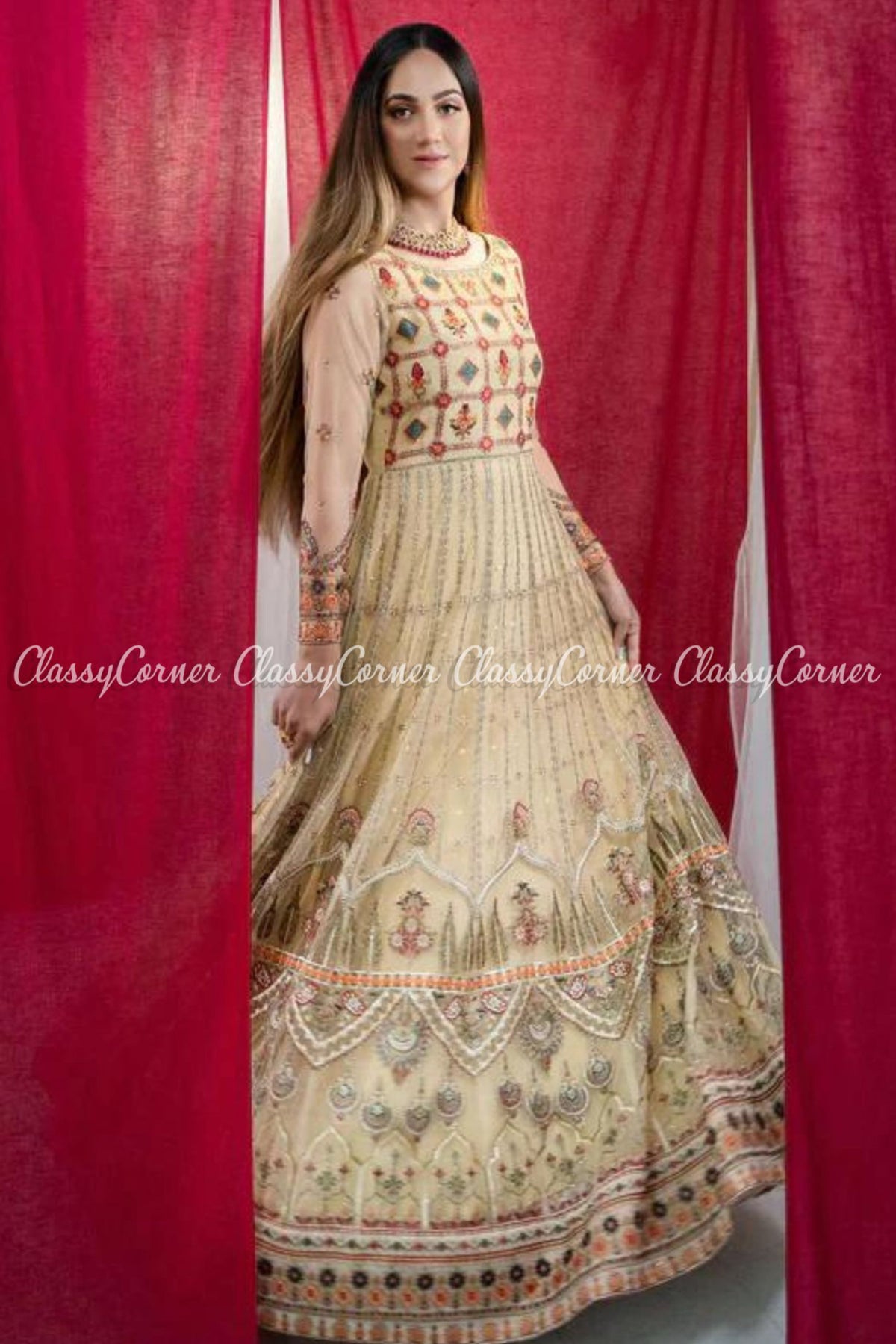 Pakistani Beige Multicolor Net Embroidered Gown