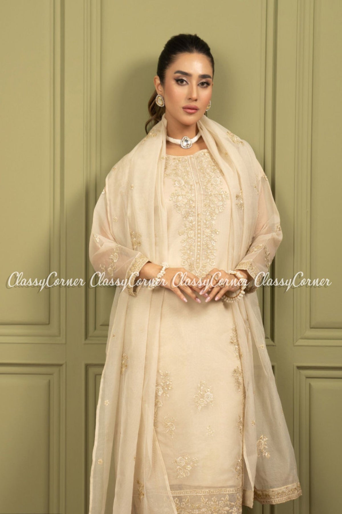 Pakistani Beige Net Tilla Embroidered Formal Wear Readymade 3PC