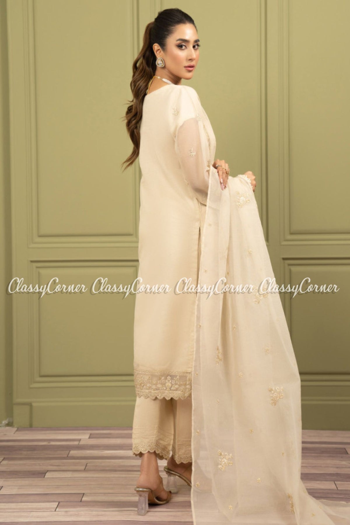 Pakistani Beige Net Tilla Embroidered Formal Wear Readymade 3PC