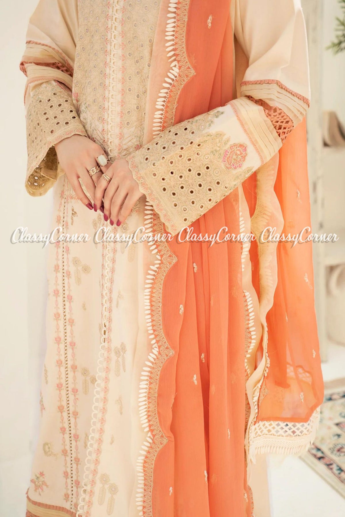 Light Beige Orange Lawn Embroidered Formal Wear Salwar Kameez