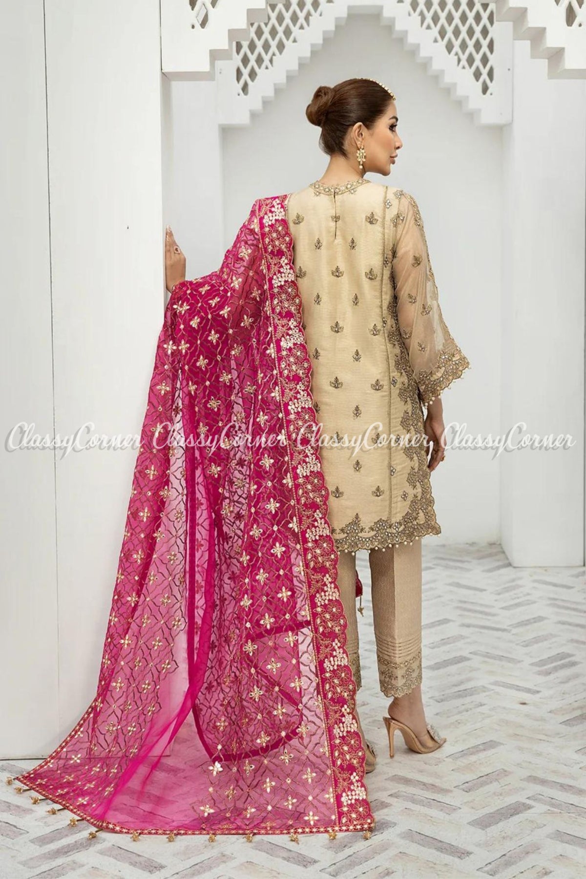 Beige Pink Zari Net Embroidered Party Wear Salwar Kameez