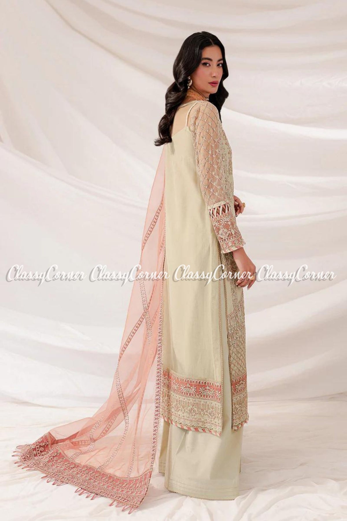 Beige Pink Net Embellished Party Wear 3PC Outfit