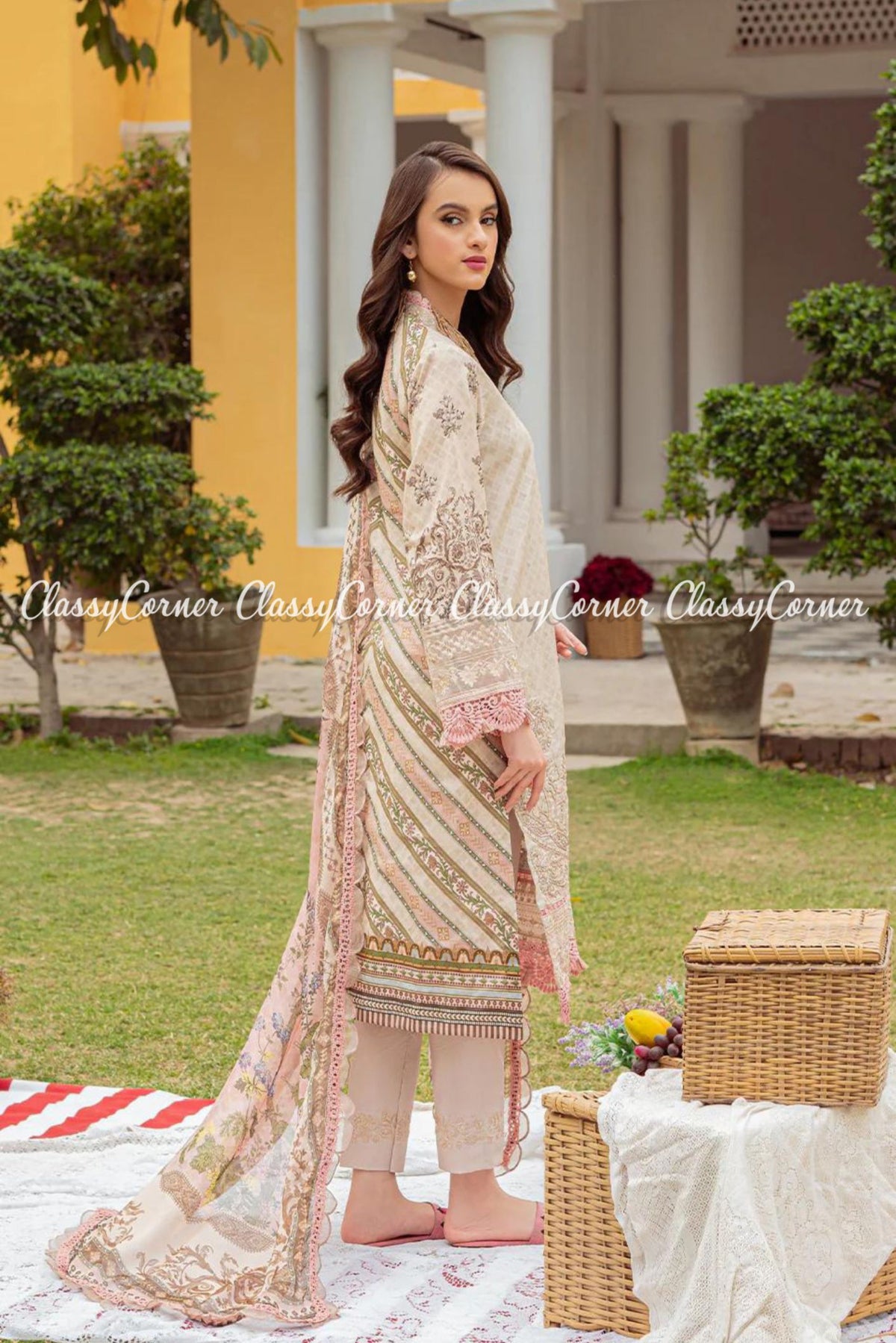 Beige Pink Schiffli Embroidered Lawn Pakistani Salwar kameez