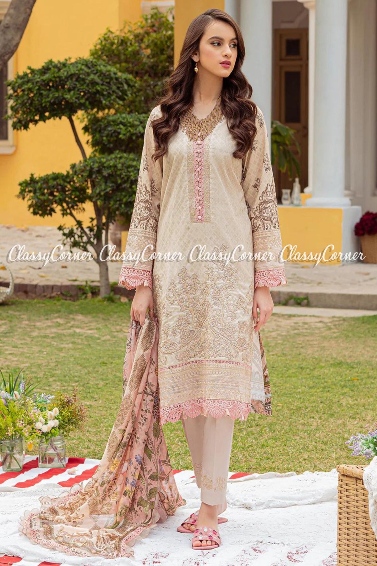 Beige Pink Schiffli Embroidered Lawn Pakistani Salwar kameez
