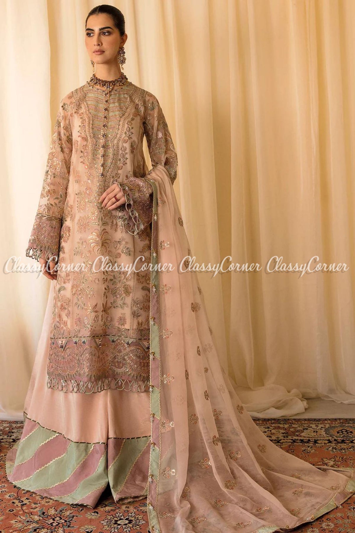 Beige Pink Multi Organza Embroidered Sharara Dress