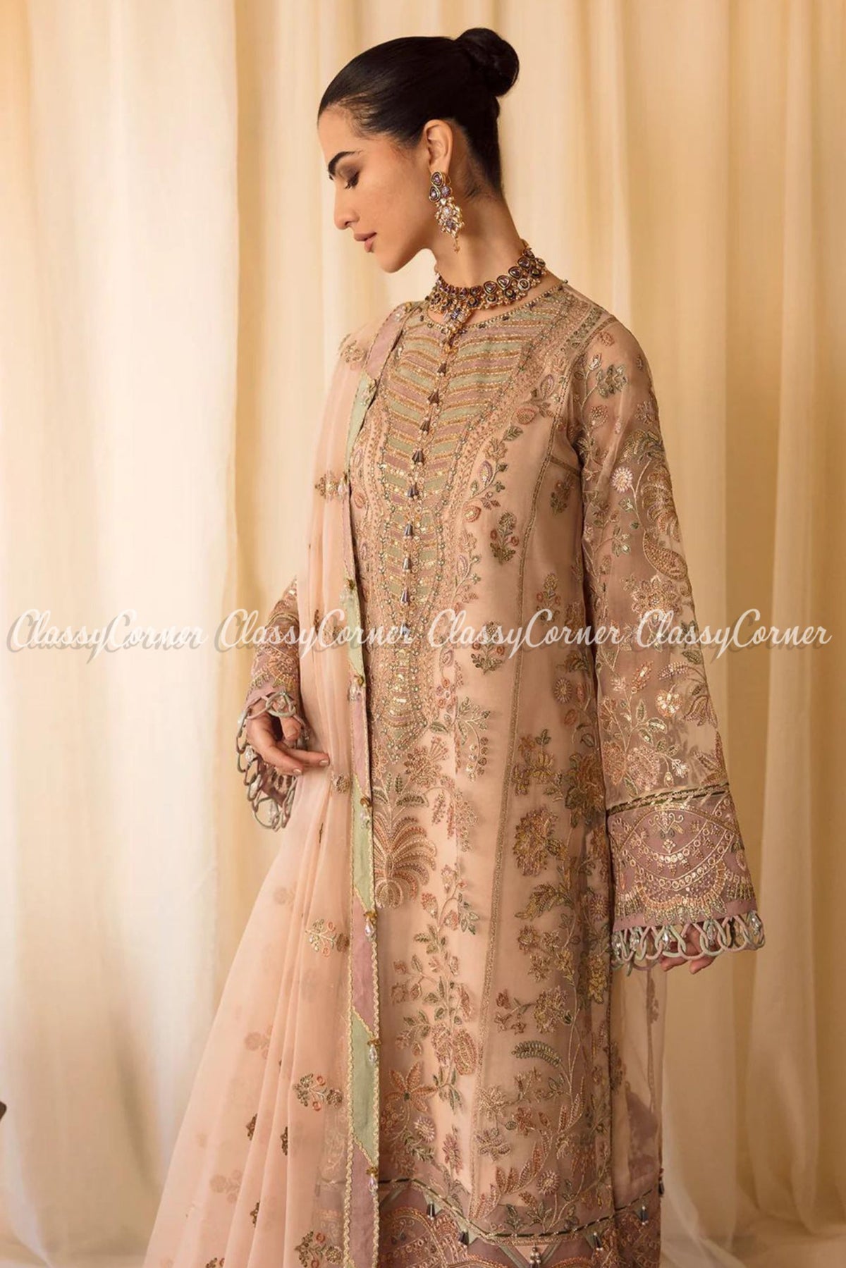 Beige Pink Multi Organza Embroidered Sharara Dress