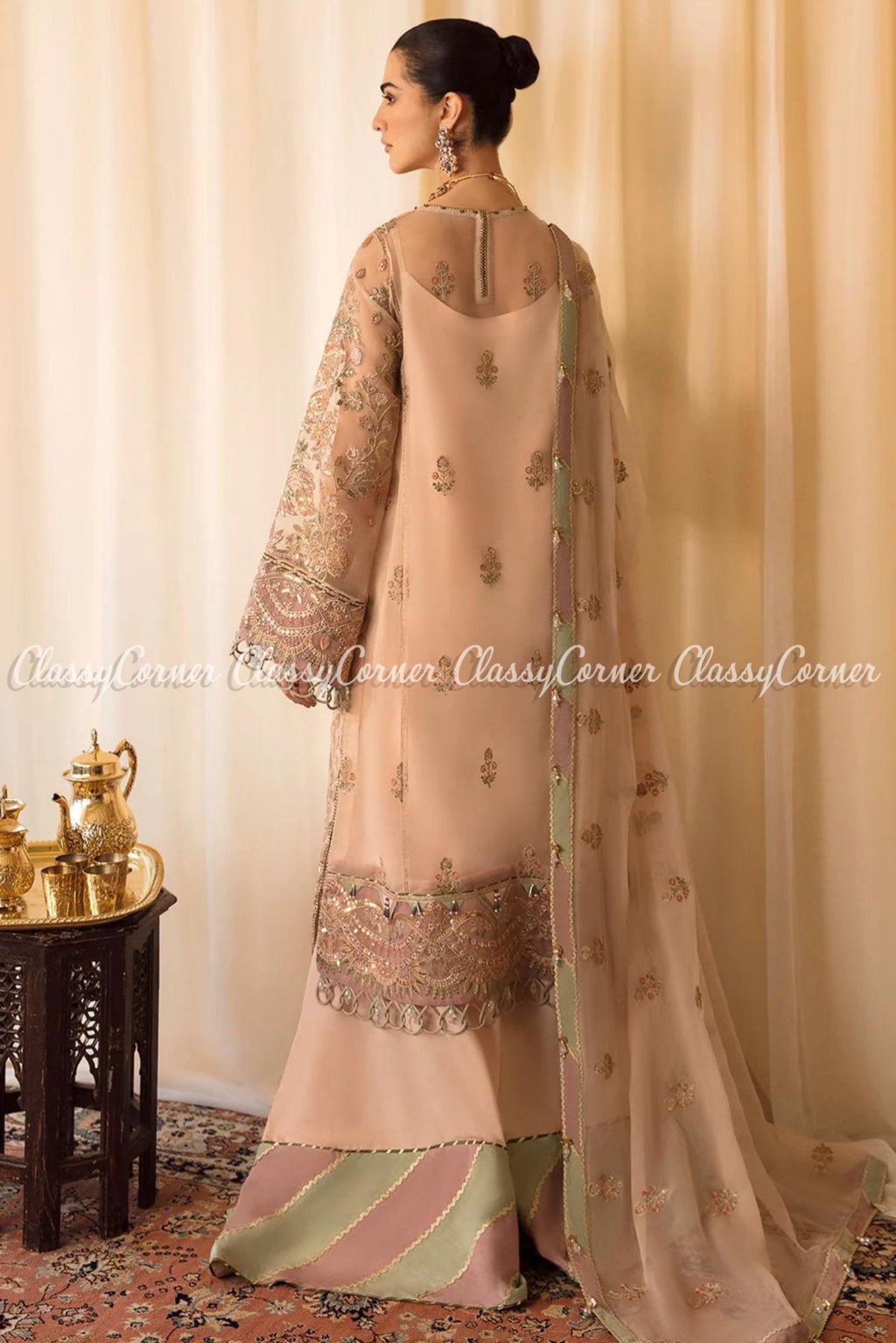 Beige Pink Multi Organza Embroidered Sharara Dress