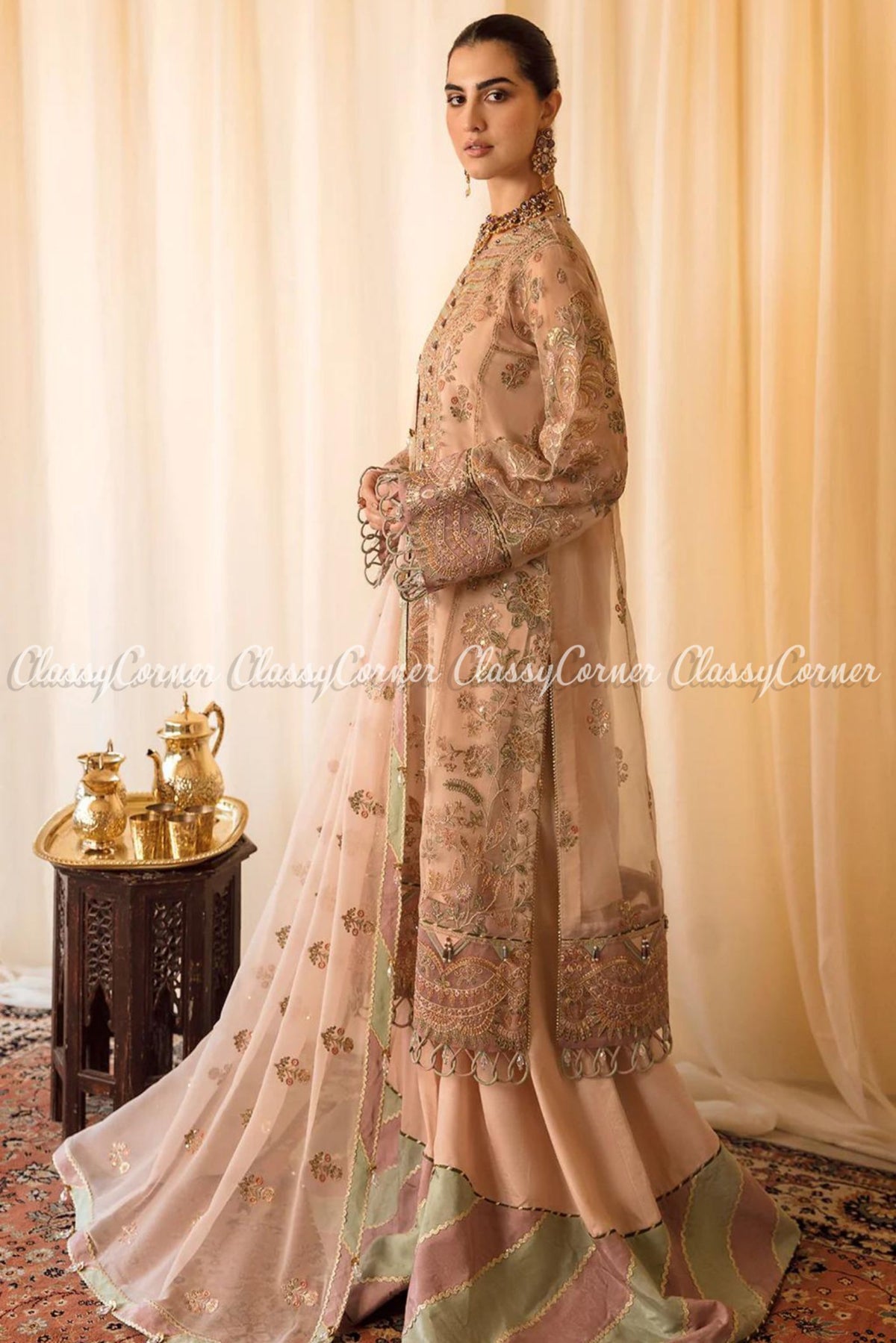 Beige Pink Multi Organza Embroidered Sharara Dress