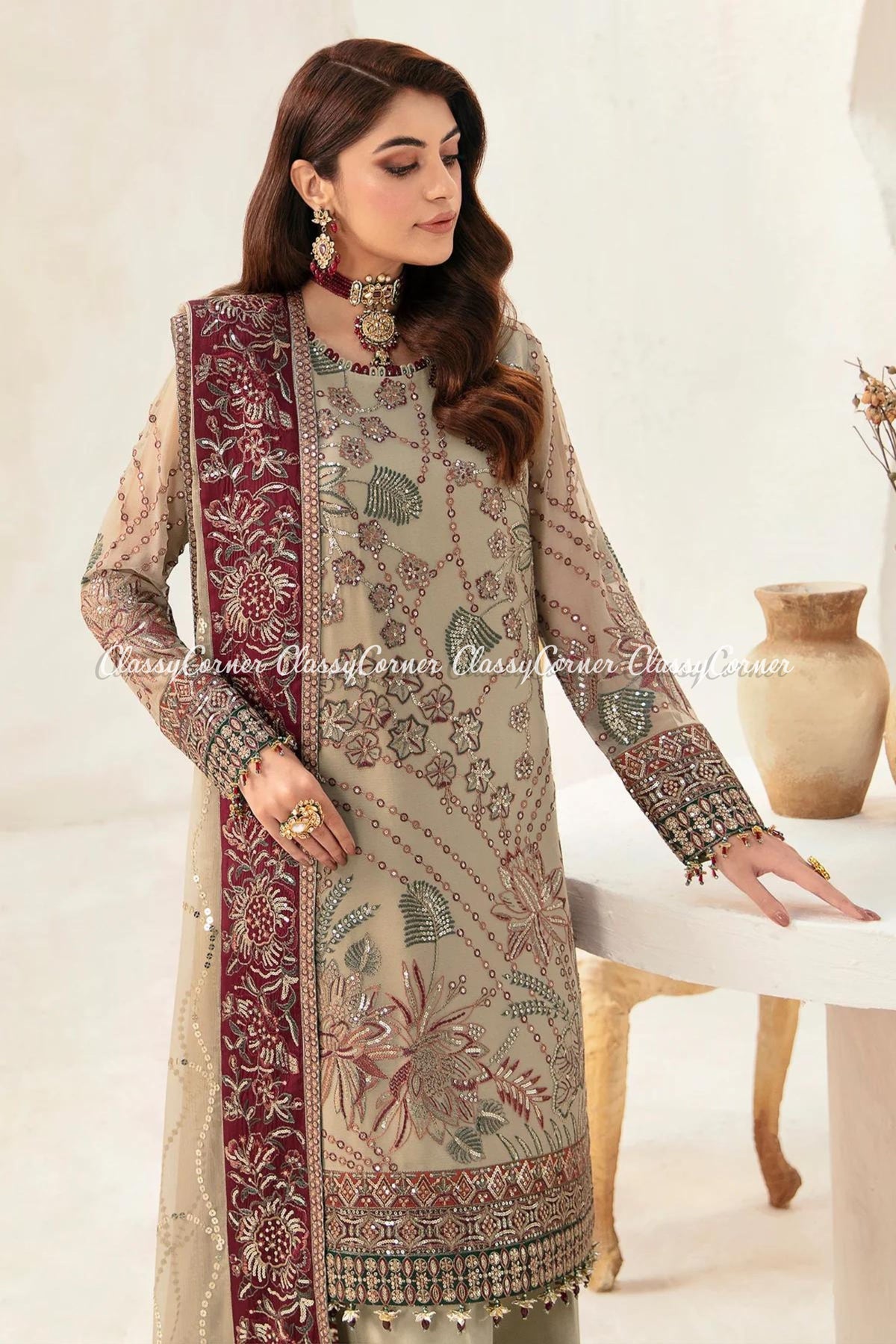 Beige Maroon Embroidered Chiffon Suit