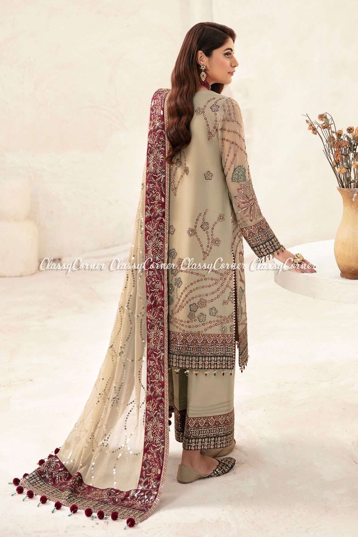 Beige Maroon Embroidered Chiffon Suit