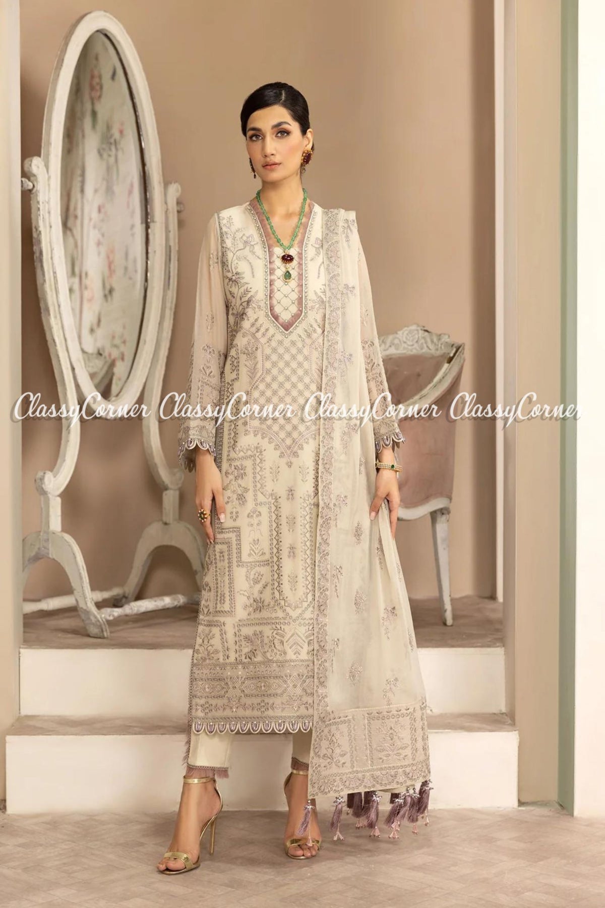 Pakistani Beige Chiffon Embroidered Formal Wear Dress