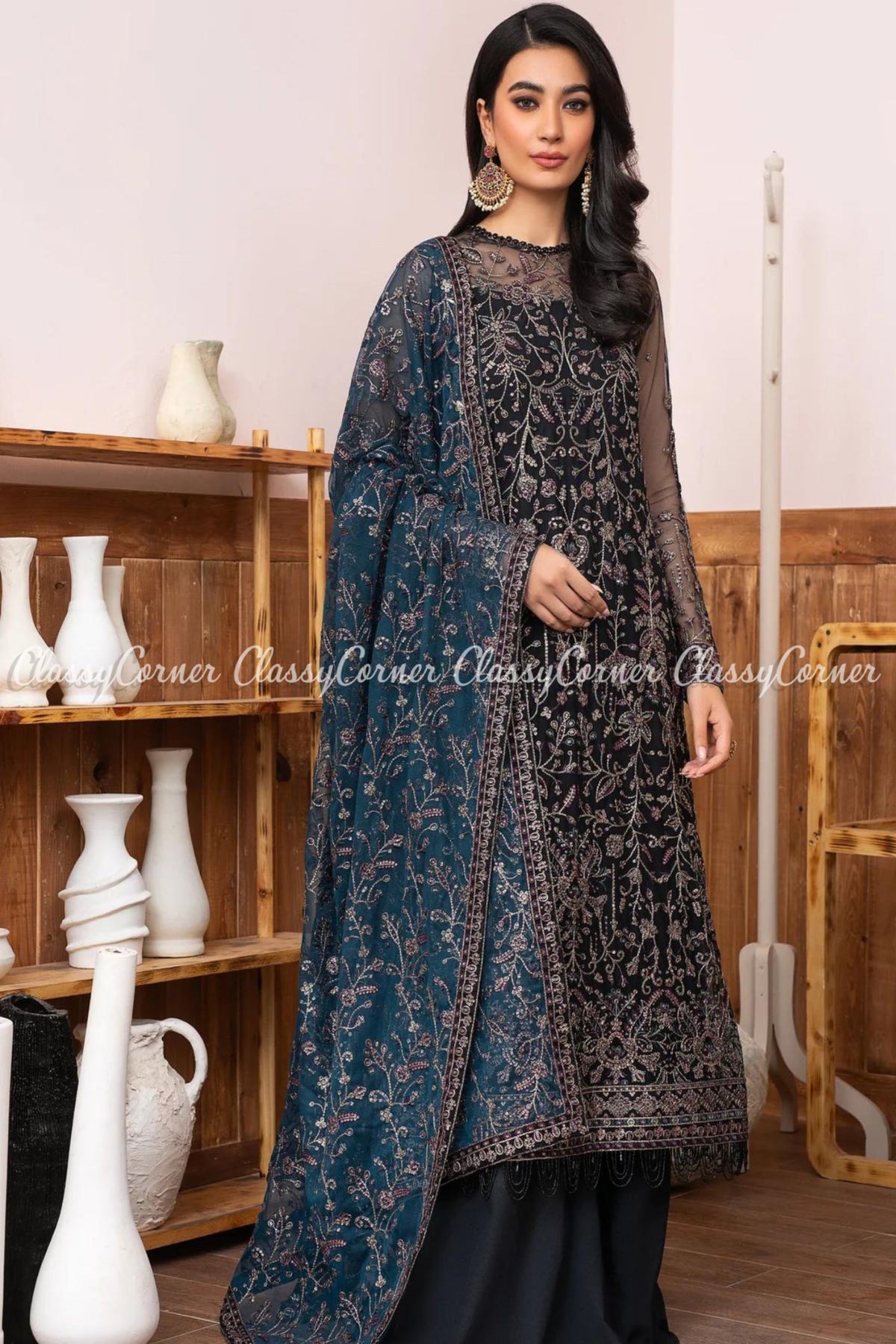 Black Blue Net Embroidered Party Wear Sharara Dress