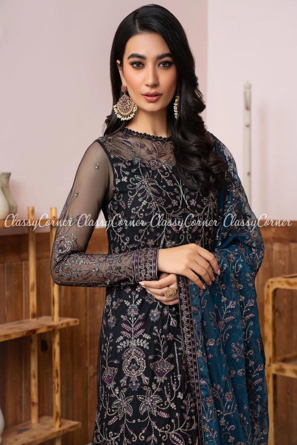 Black Blue Net Embroidered Party Wear Sharara Dress