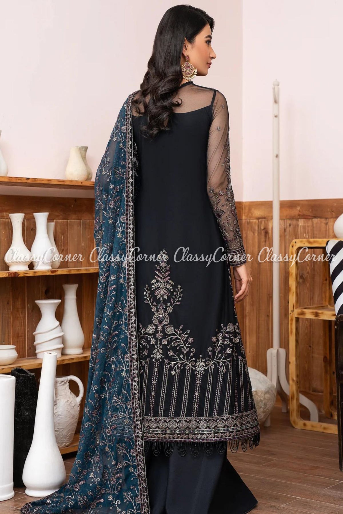 Black Blue Net Embroidered Party Wear Sharara Dress