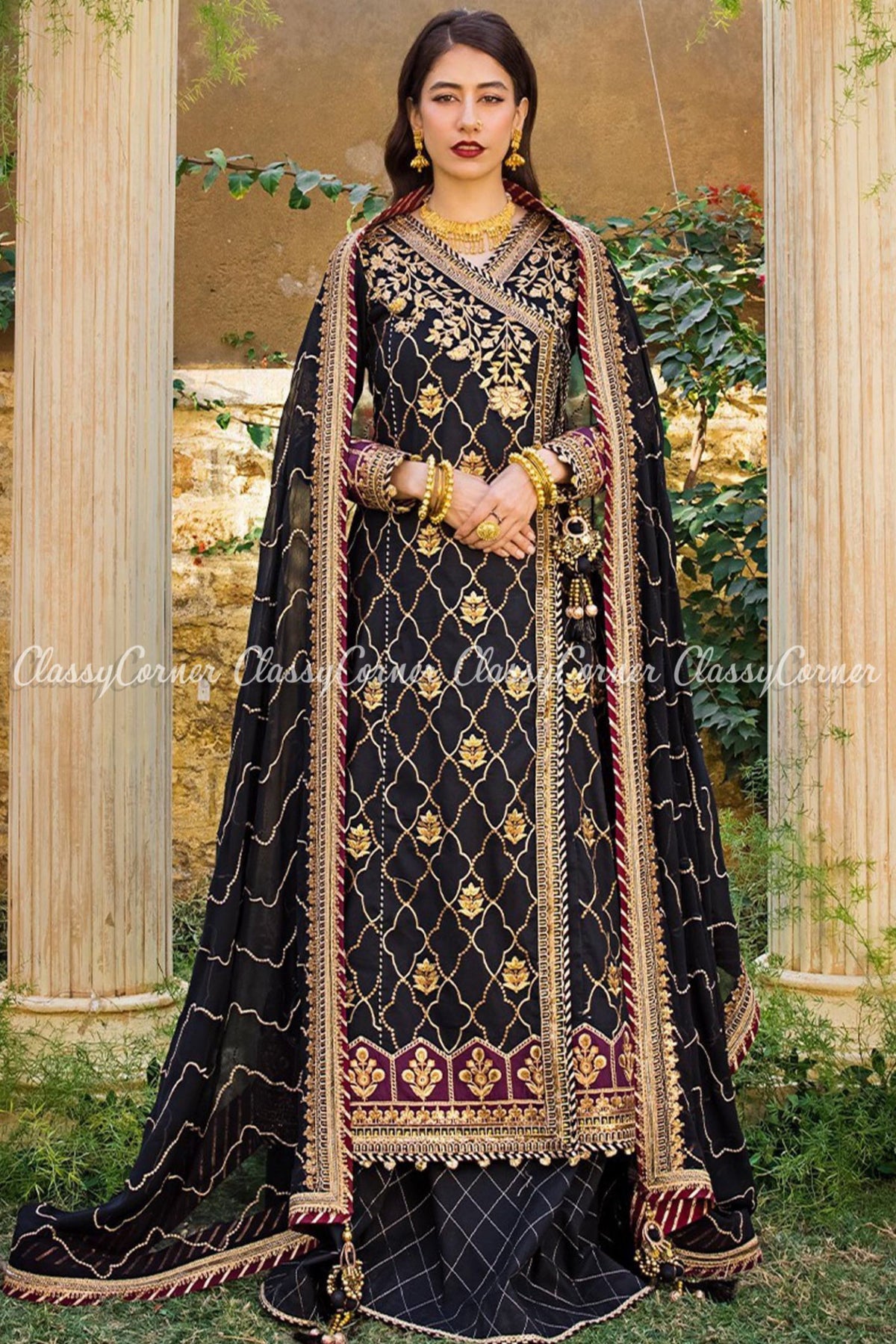 Black Golden Lawn Embroidered Anarkali Sharara Dress