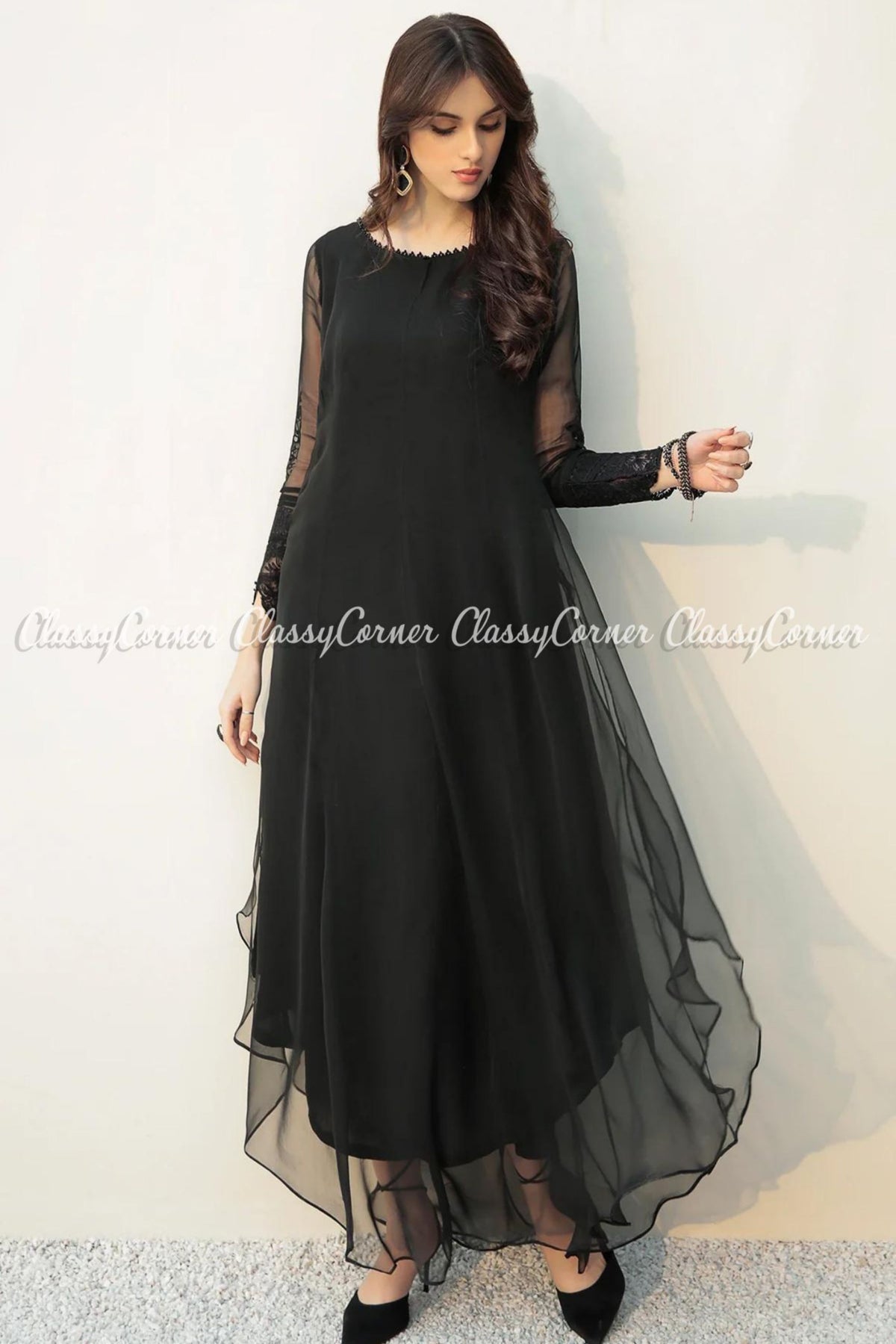 Black Embroidered Chiffon Pakistani Frock Outfit