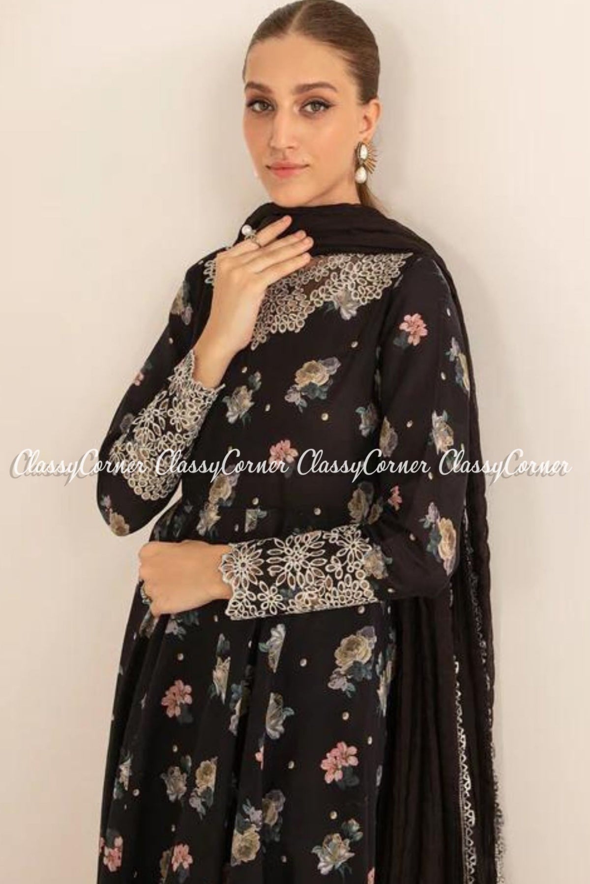 Black Digital Printed Pakistani Formal Wear Frock Outfit