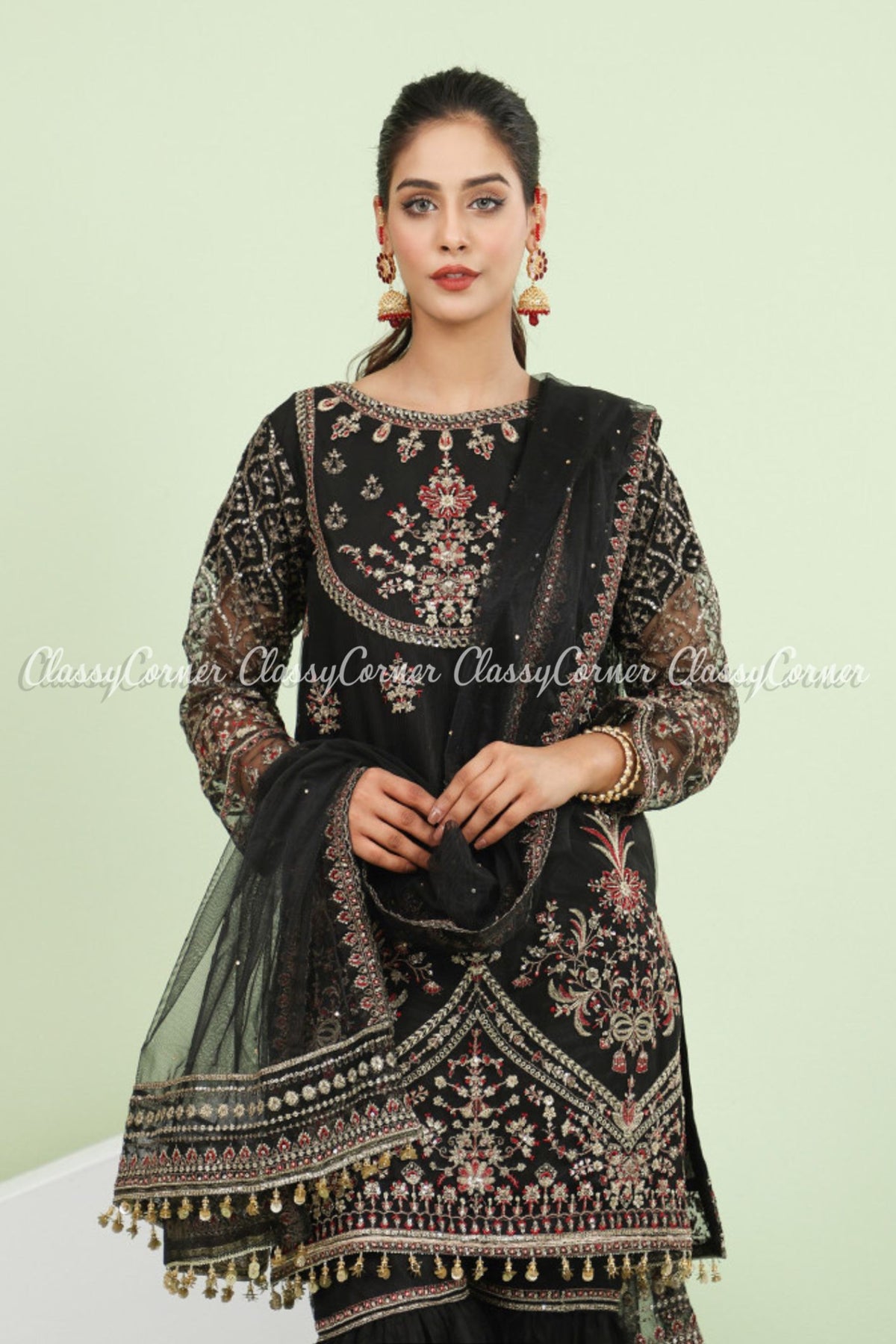 Black Red Net Embroidered Party Wear Gharara Suit