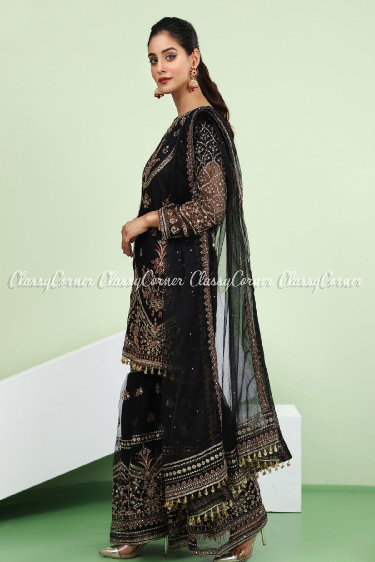 Black Red Net Embroidered Party Wear Gharara Suit