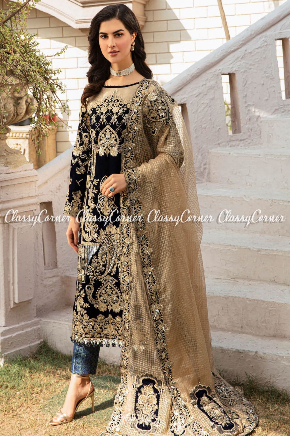 Pakistani Black Light Golden Velvet Embroidered Salwar Kameez