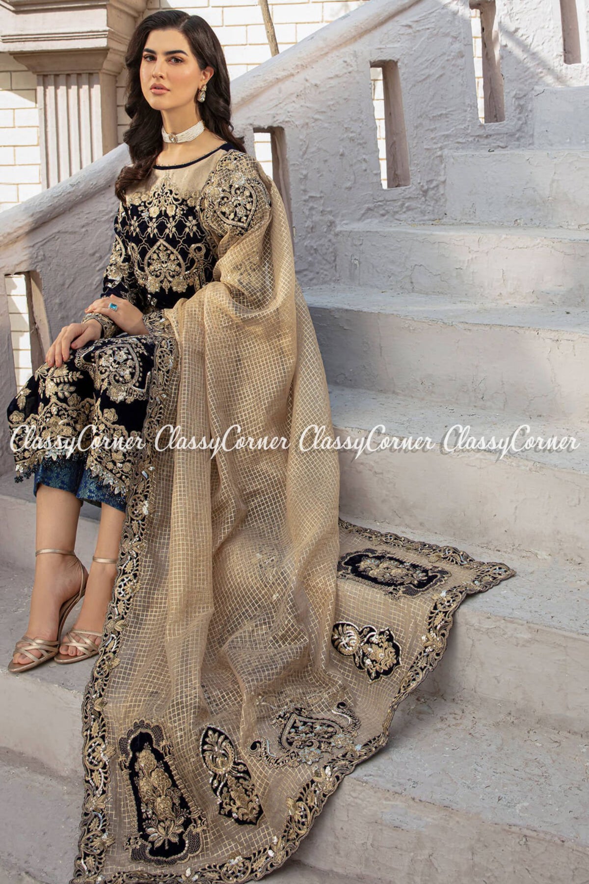 Pakistani Black Light Golden Velvet Embroidered Salwar Kameez