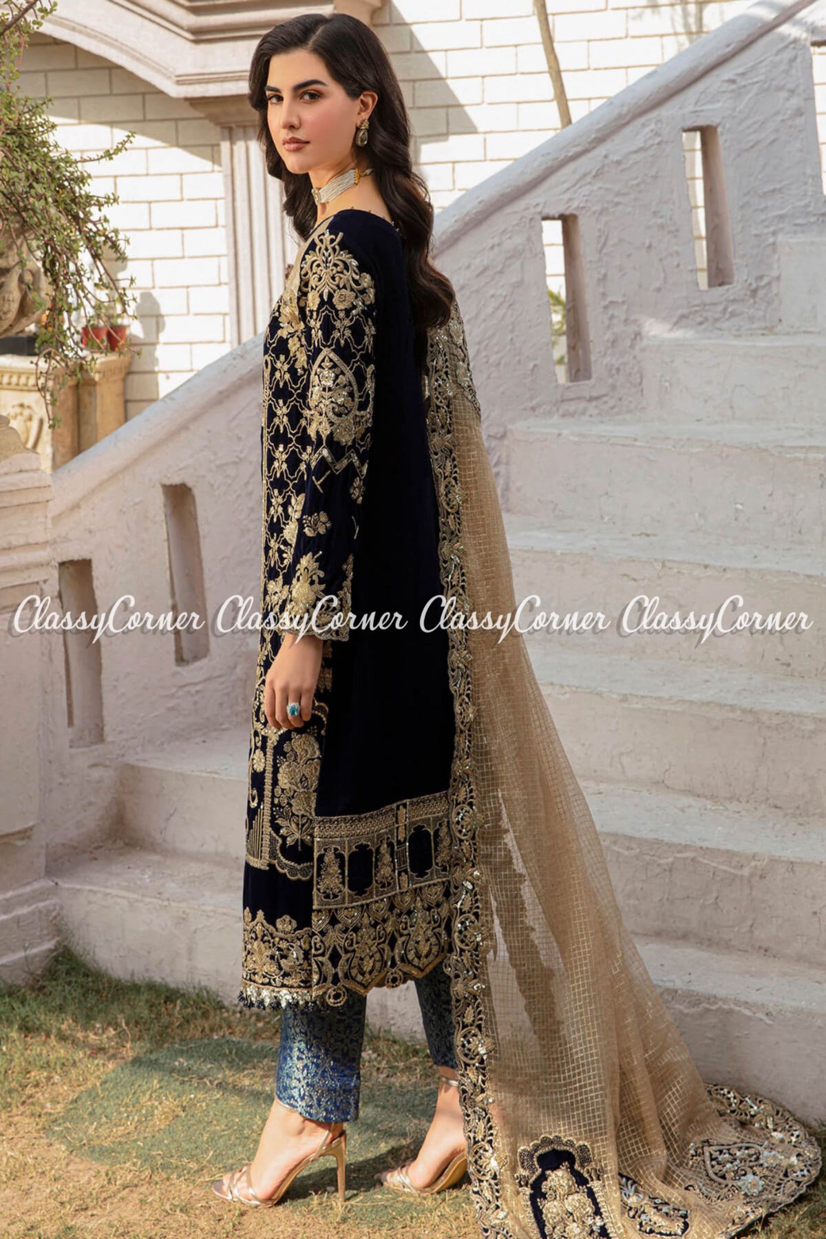 Pakistani Black Light Golden Velvet Embroidered Salwar Kameez