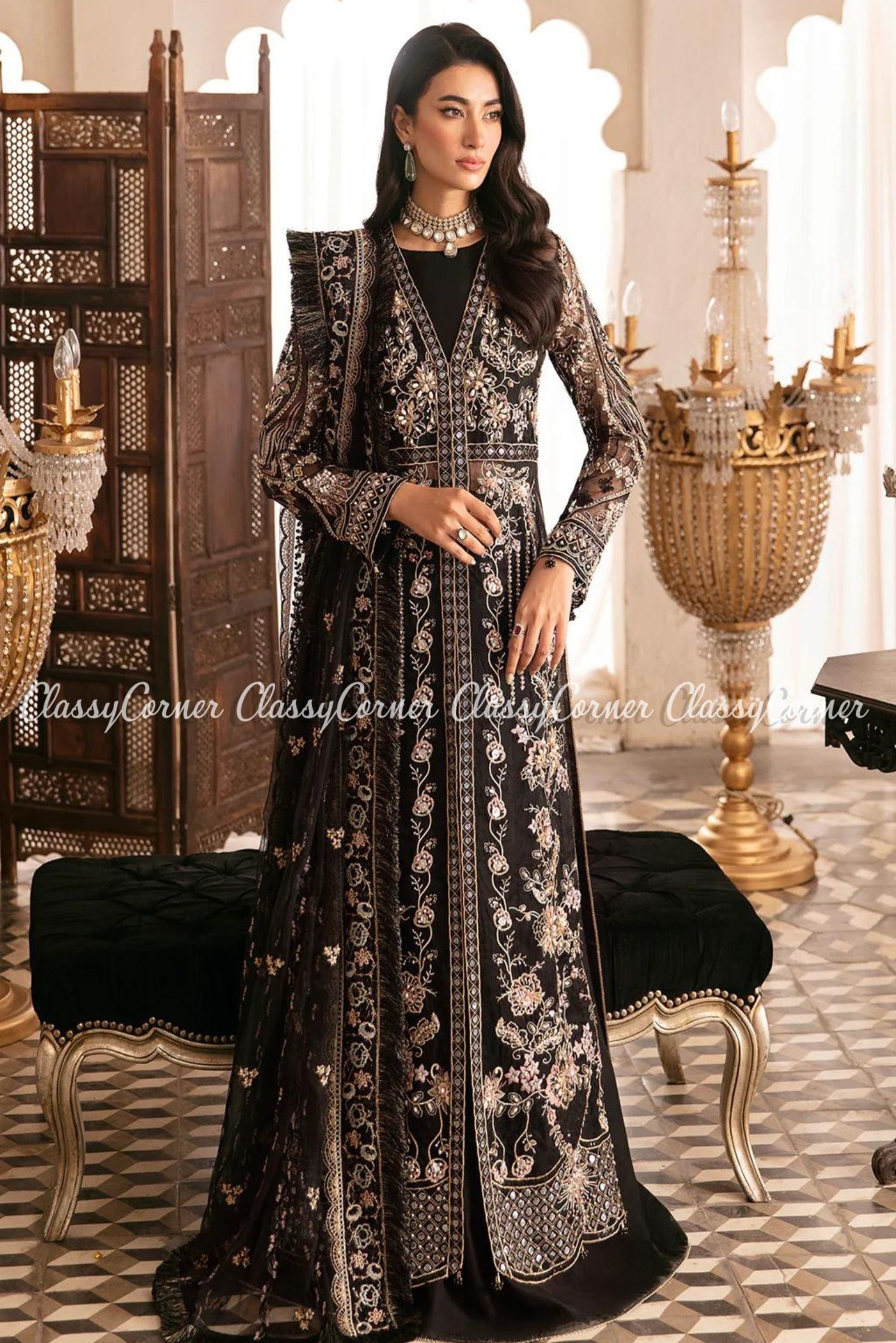 Golden Black Lehenga Choli for Pakistani Bridal Dresses – Nameera by Farooq