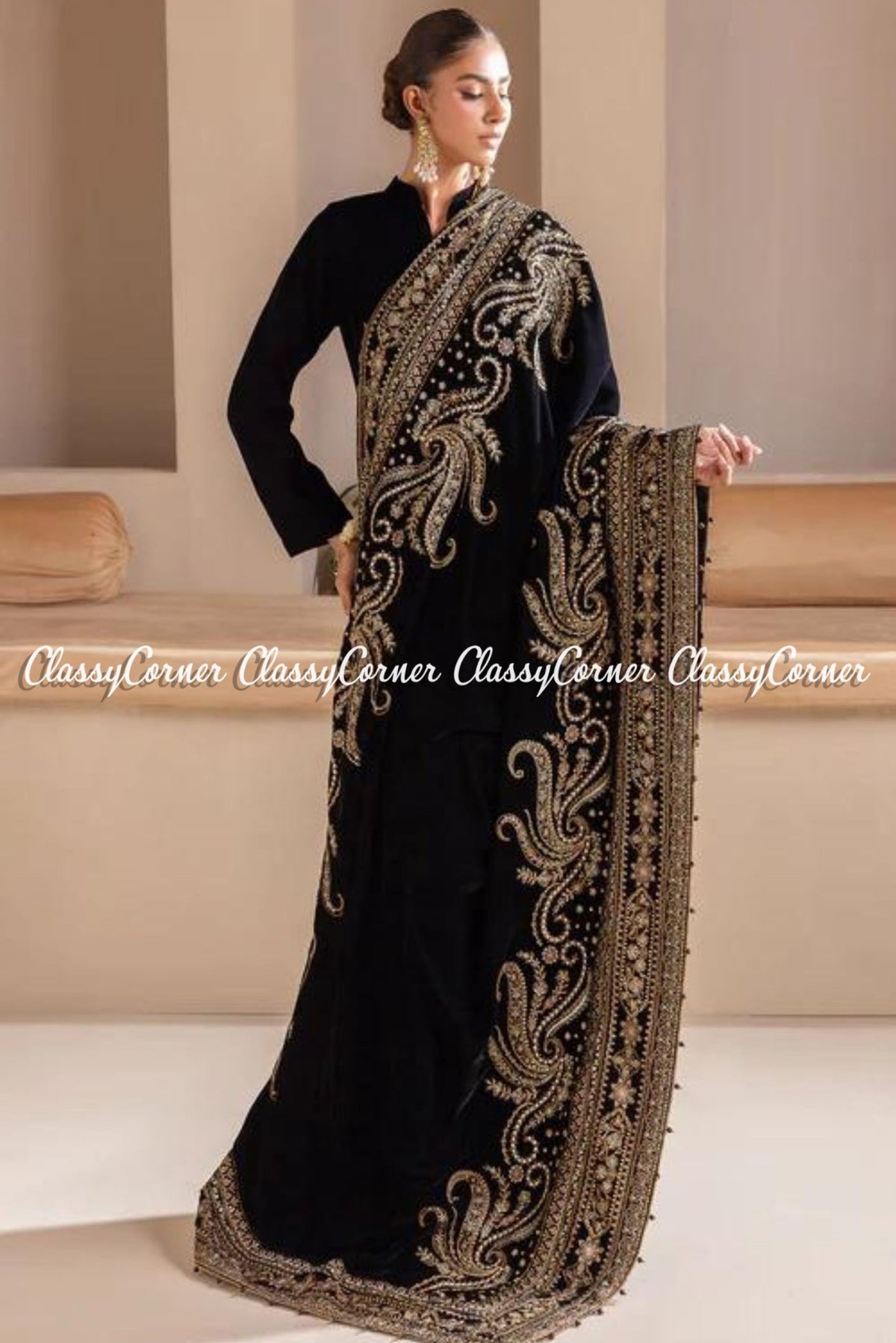 Exclusive Black Golden Velvet Embroidered Pakistani Shawl